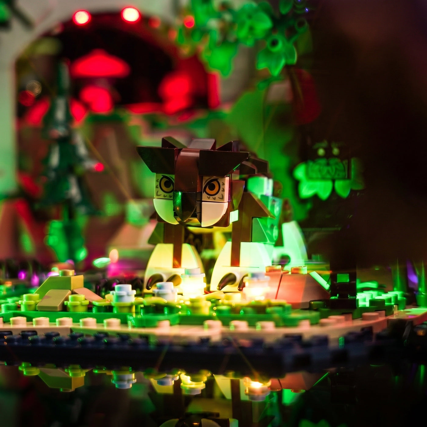 DIY LED light kit for LEGO® Dungeons & Dragons: Red Dragon's Tale #21348, front view fully lit