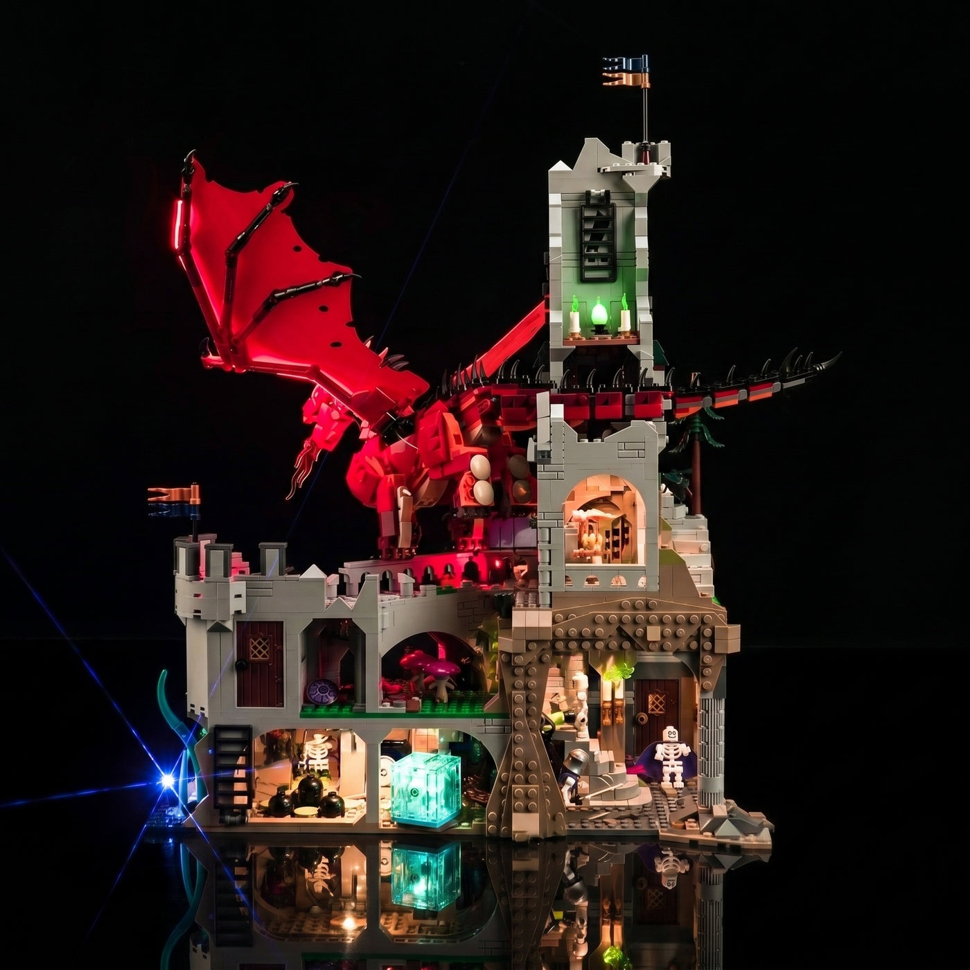 LEGO® Dungeons & Dragons: Red Dragon's Tale #21348 — front view fully lit (display light kit)