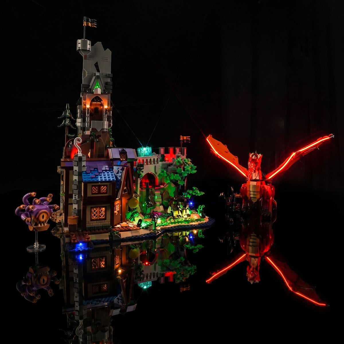 LEGO® Dungeons & Dragons: Red Dragon's Tale #21348 — fully illuminated on display (premium LED light kit)