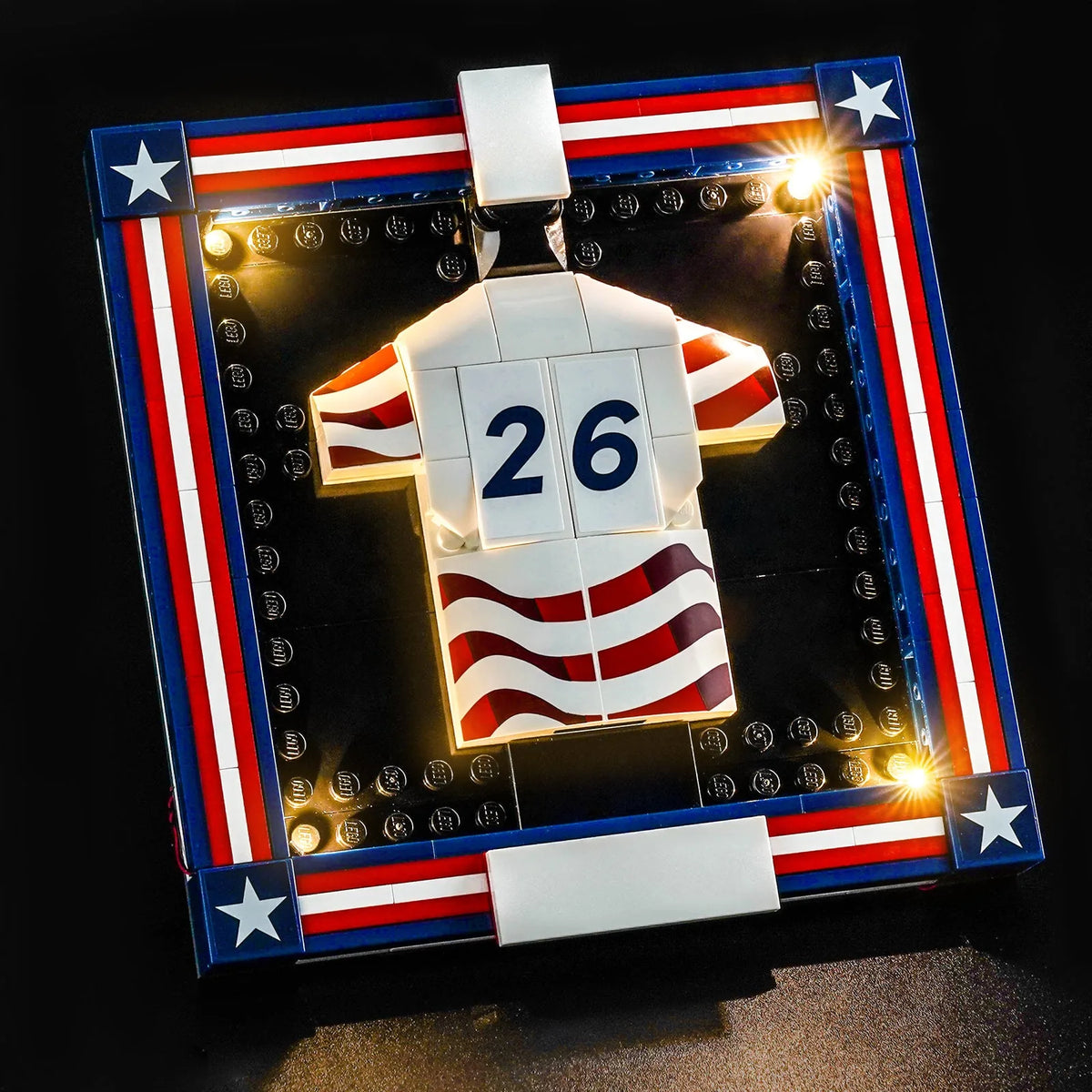 LED light kit for LEGO® Editions 2026 U.S. Soccer National Team Jersey #43033, fully illuminated on display