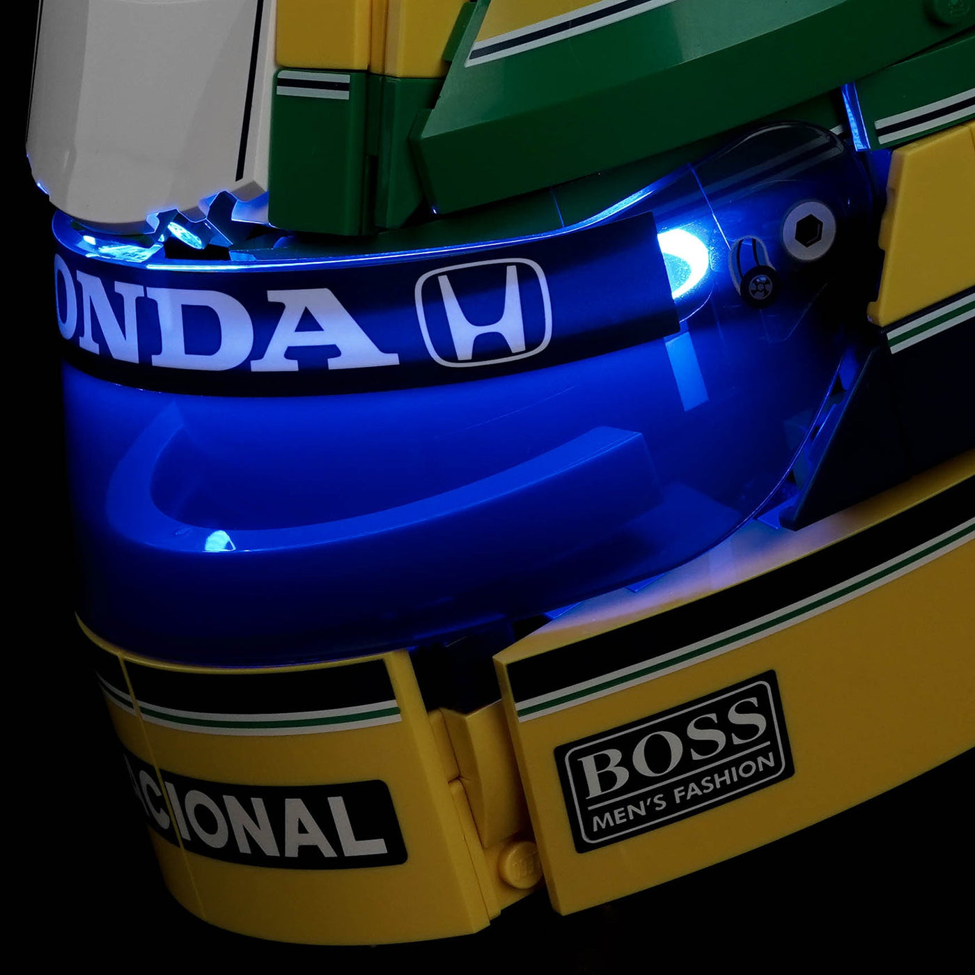 Bright My Bricks LED light kit for LEGO® Editions Ayrton Senna Helmet #43024 — fully illuminated on display