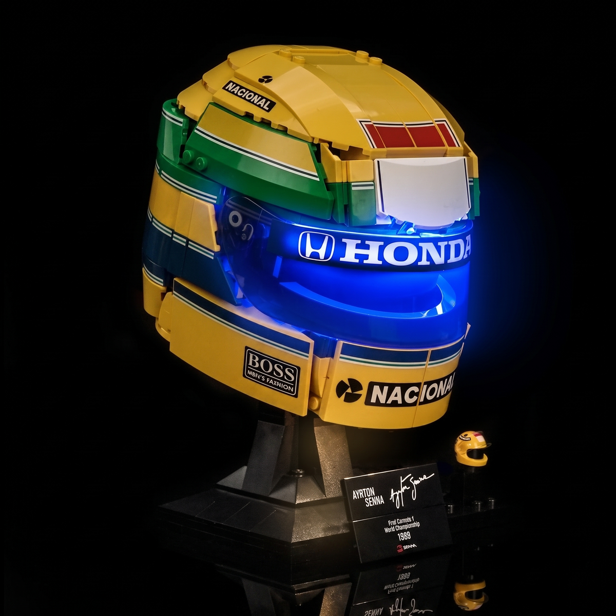 LEGO® Editions Ayrton Senna Helmet #43024 the sponsor band lit and legible, with the USB-powered LED light kit