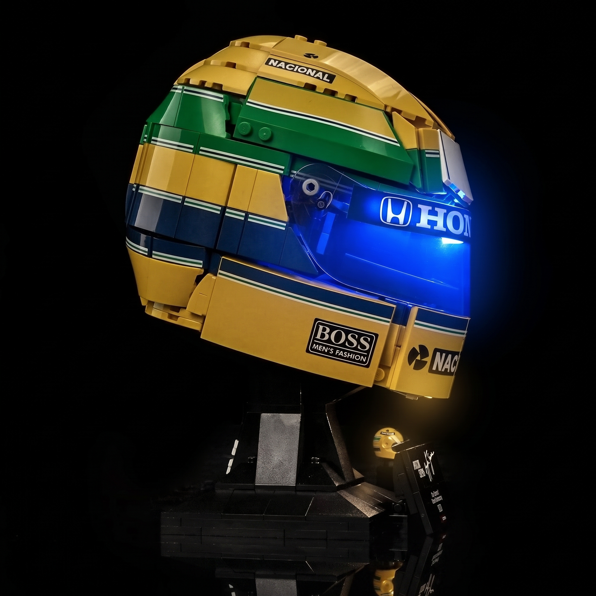 Bright My Bricks LED light kit for LEGO® Editions Ayrton Senna Helmet #43024 — seen from three-quarter view, lit