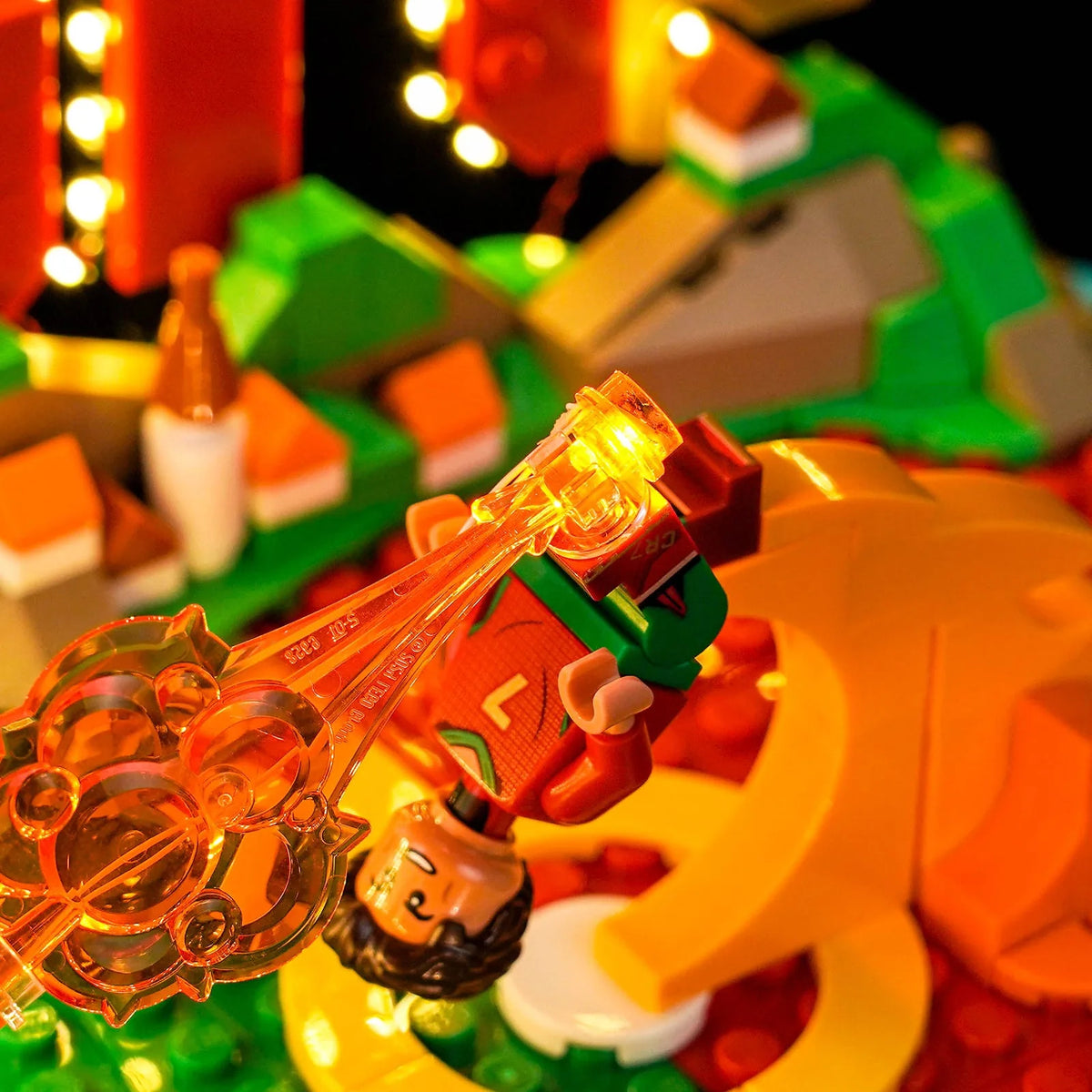 LEGO® Editions Cristiano Ronaldo #43012 display lighting in a dark room, with the LED lighting kit
