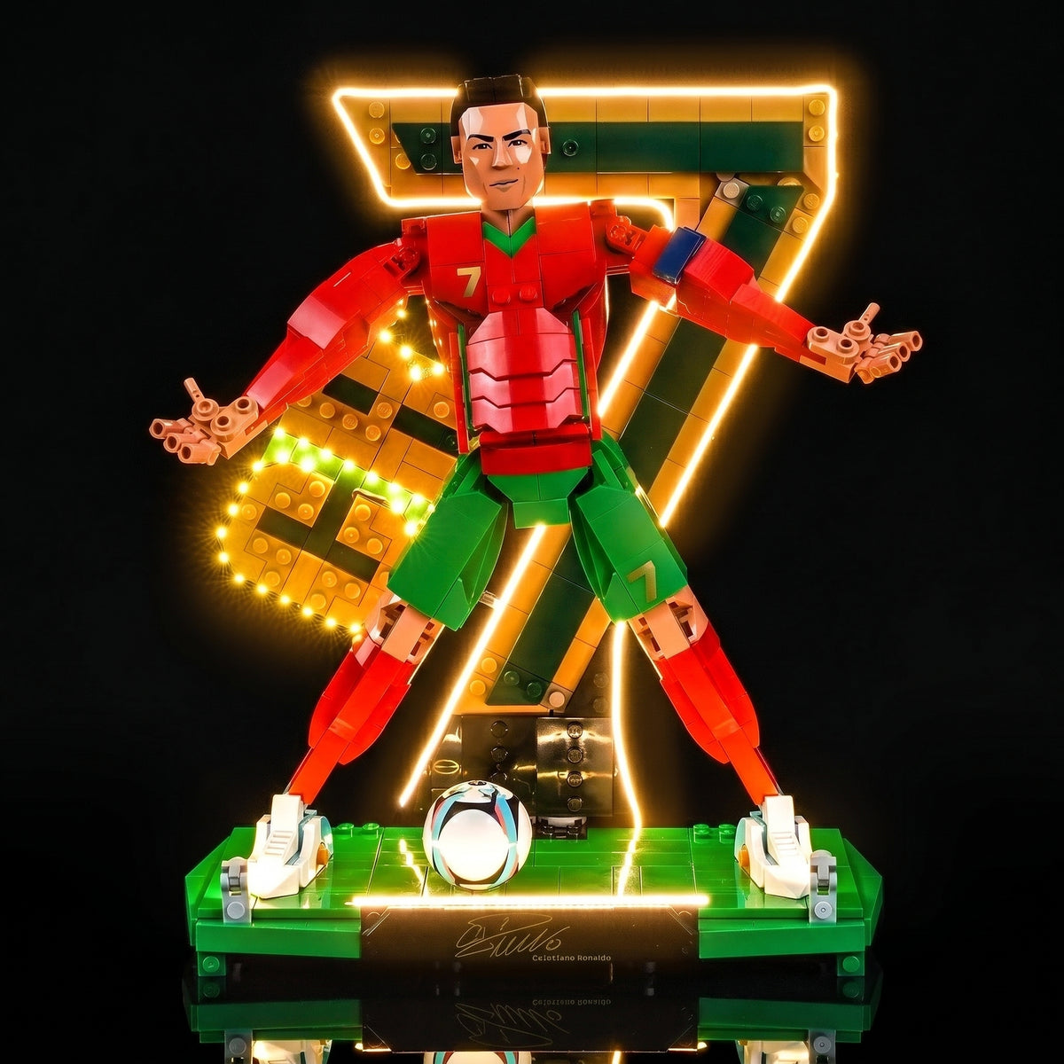 LEGO® Editions Cristiano Ronaldo #43016 lighting effect on the build, with the RGB LED light kit