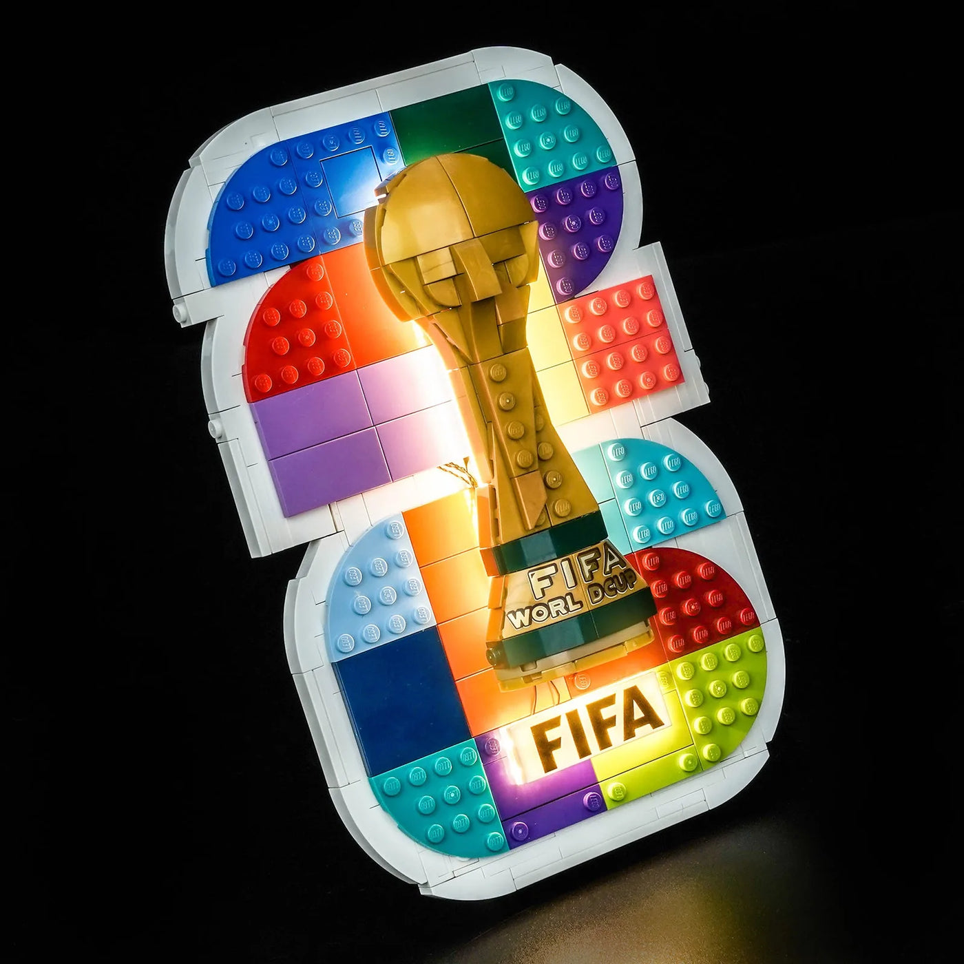 Bright My Bricks display light kit for LEGO® Editions FIFA World Cup 2026 Official Emblem #43032 — side angle with lights on