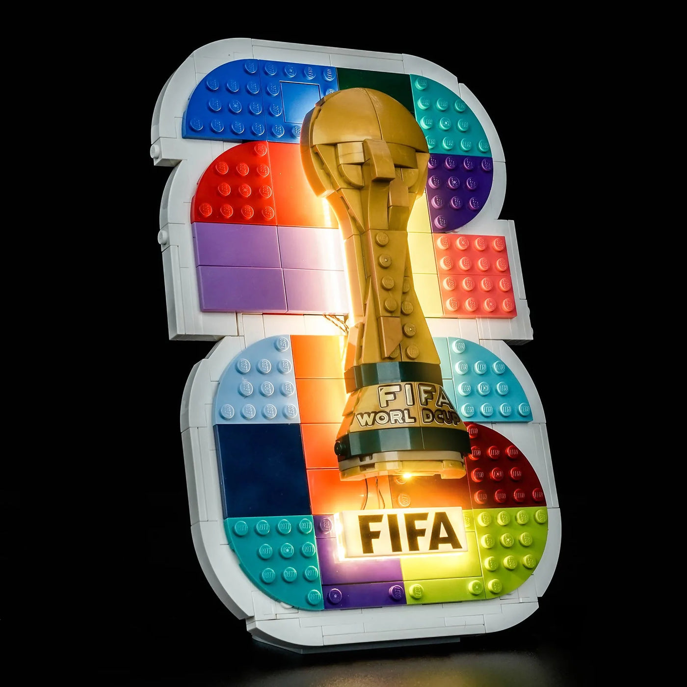 Bright My Bricks LED light kit for LEGO® Editions FIFA World Cup 2026 Official Emblem #43032 — side angle with lights on