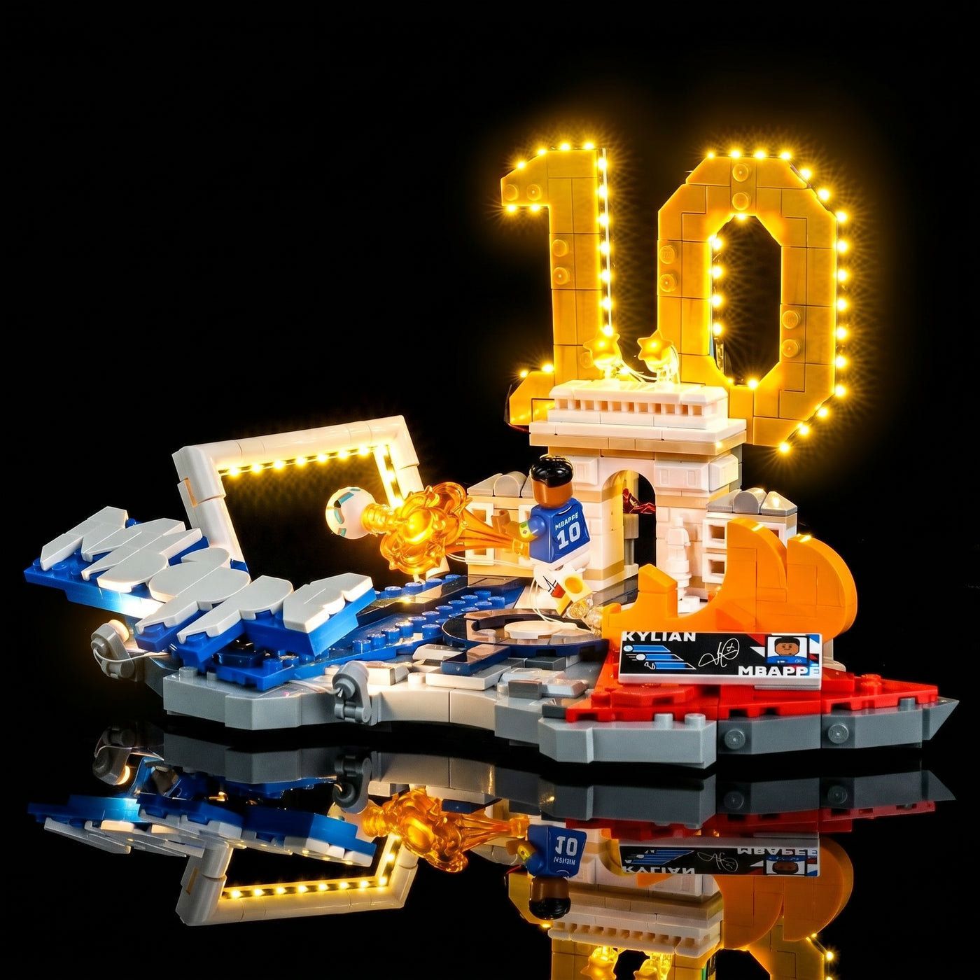 LEGO® Editions Kylian Mbappe #43013 close-up of the LED lighting detail, with the USB-powered LED light kit