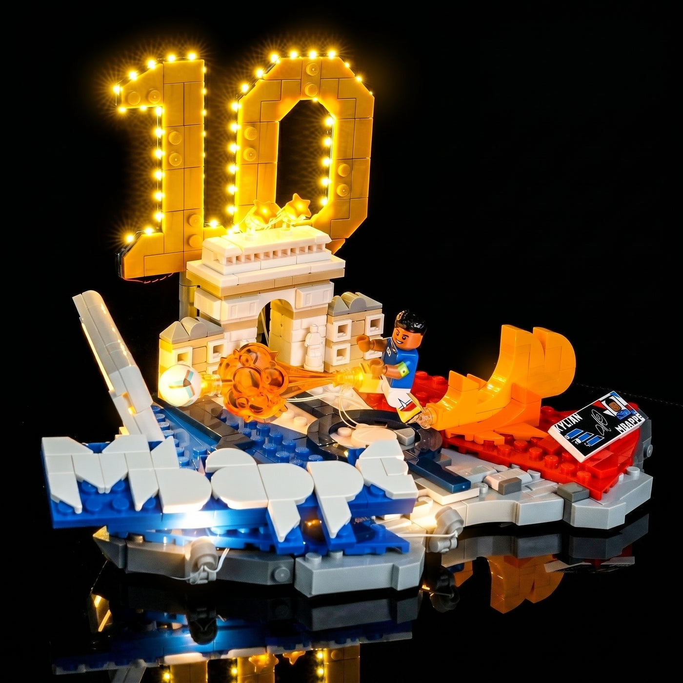 fully illuminated on display: Bright My Bricks custom LED lighting for LEGO® Editions Kylian Mbappe #43013