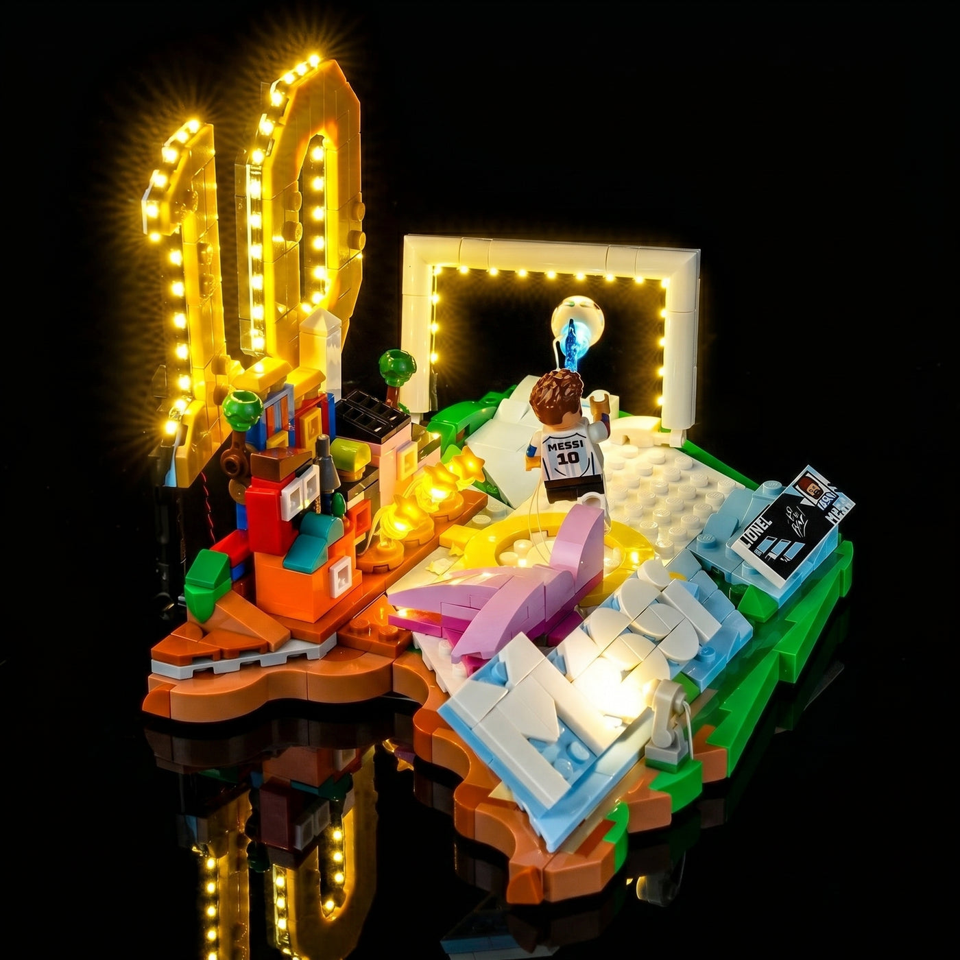 LEGO® Editions Lionel Messi #43011 before-and-after lighting, with the LED lights