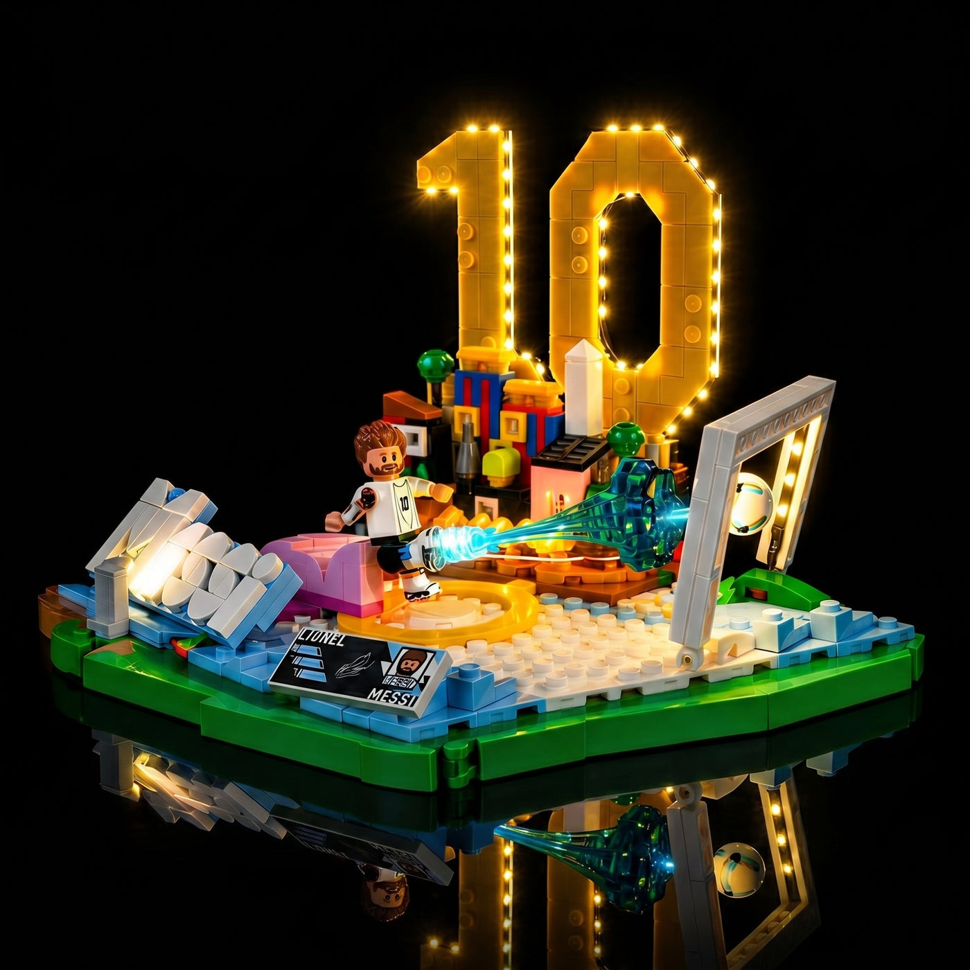 Bright My Bricks custom LED lighting for LEGO® Editions Lionel Messi #43011 — illuminated at night