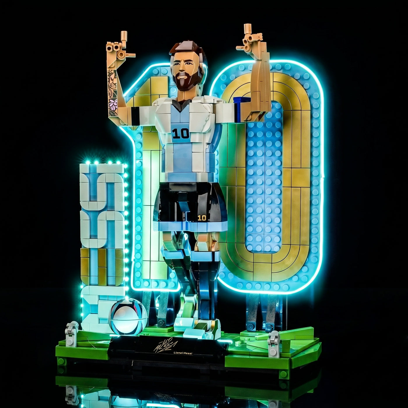 LEGO® Editions Lionel Messi #43015 — front view fully lit (USB-powered LED light kit)