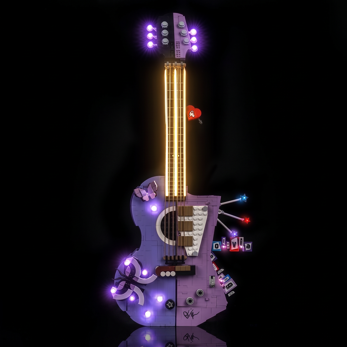 light kit for LEGO® Editions Olivia Rodrigo's Dual Guitar #43031, illuminated at night