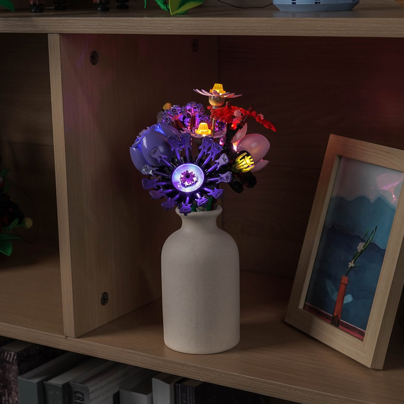 LEGO® Editions Olivia Rodrigo's Flower Bouquet #11507 display lighting in a dark room, with the USB-powered LED light kit