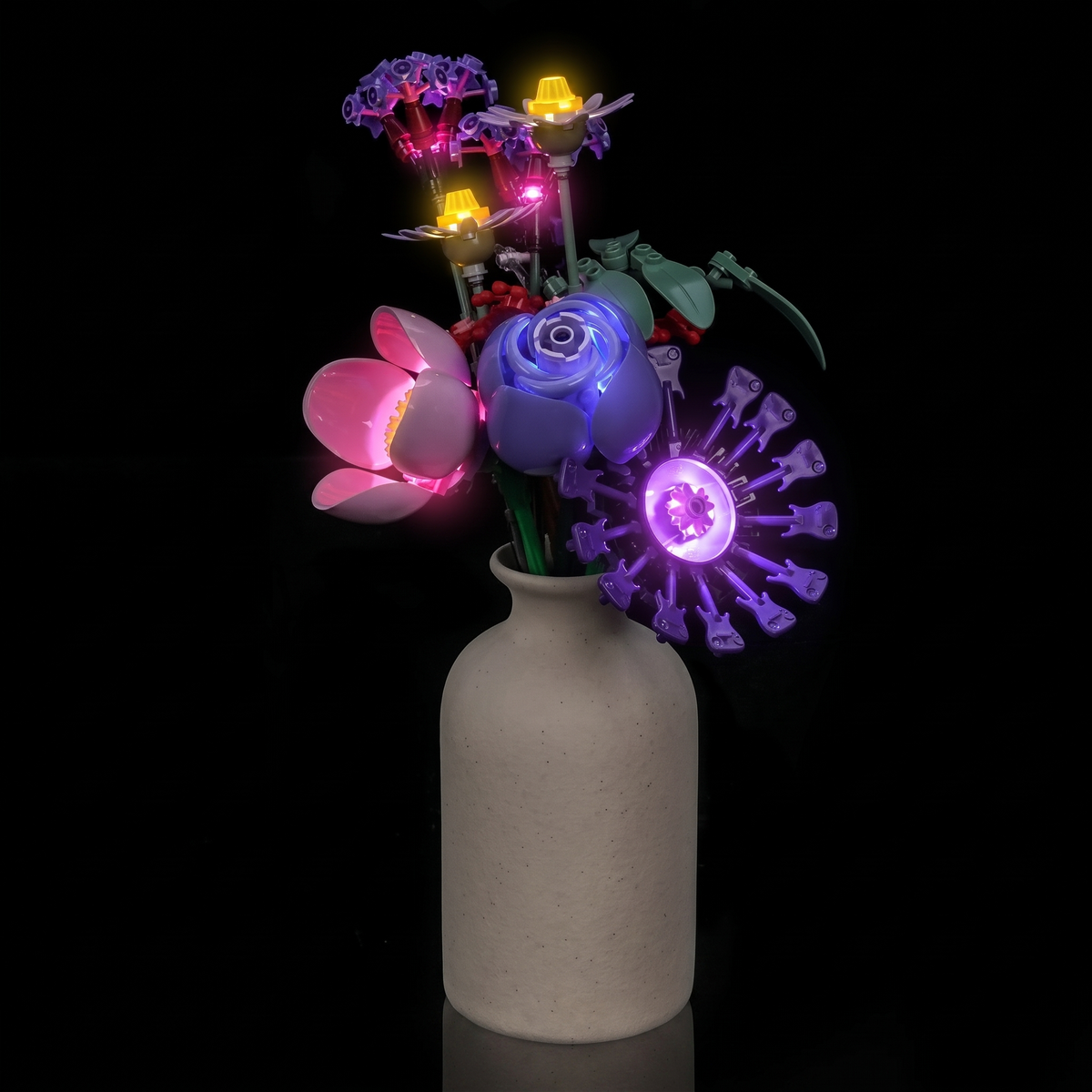 LEGO® Editions Olivia Rodrigo's Flower Bouquet #11507 lighting effect on the build, with the USB-powered LED light kit