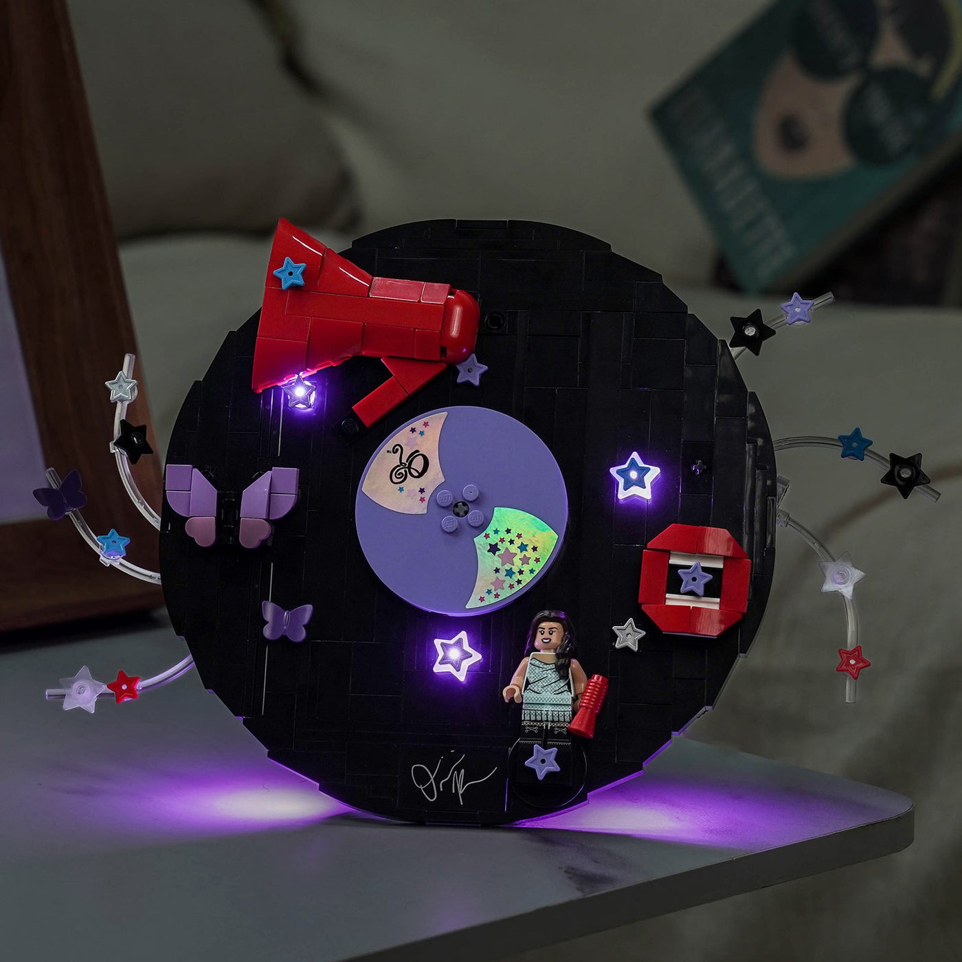 Bright My Bricks LED light kit for LEGO® Editions Olivia Rodrigo's Vinyl #43028 — fully illuminated on display