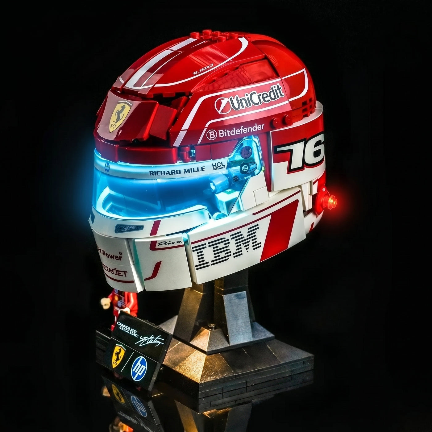 LEGO® Editions Scuderia Ferrari Charles Leclerc Helmet #43014 front view fully lit, with the LED light kit