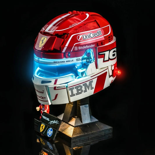 LEGO® Editions Scuderia Ferrari Charles Leclerc Helmet #43014 front view fully lit, with the LED light kit