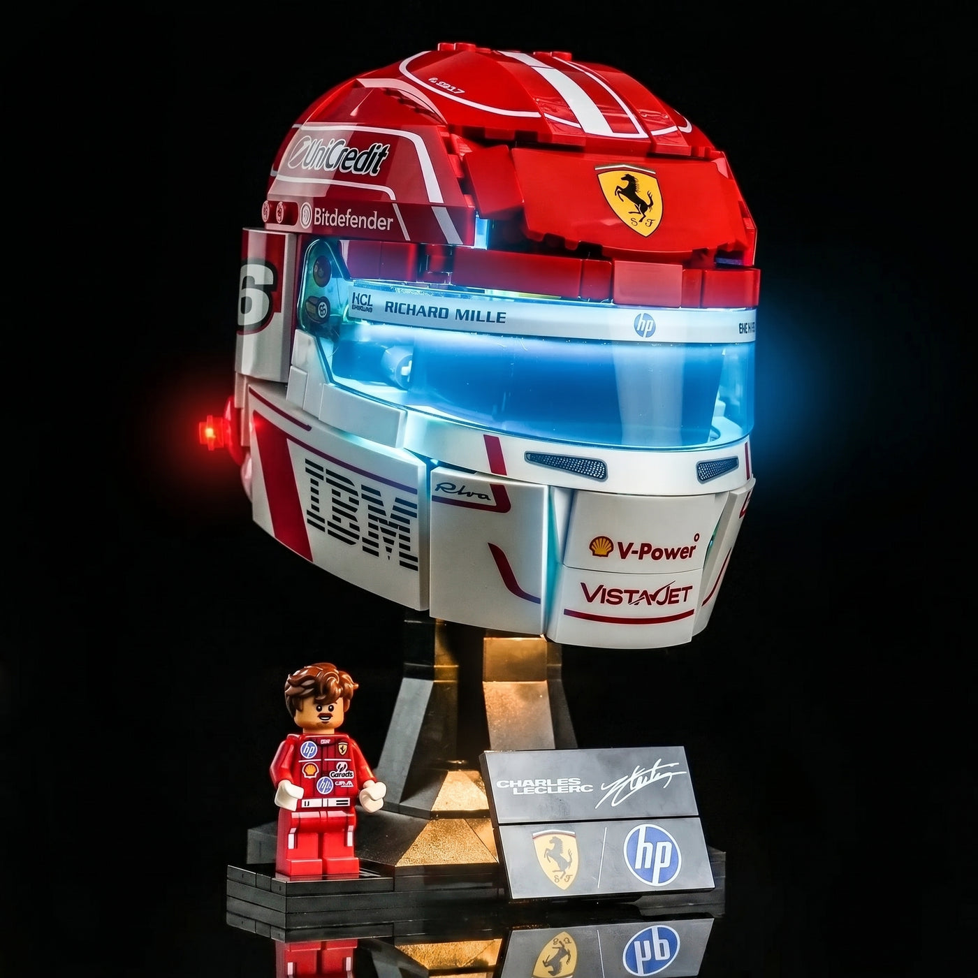 LEGO® Editions Scuderia Ferrari Charles Leclerc Helmet #43014 — close-up of the LED lighting detail (premium LED light kit)