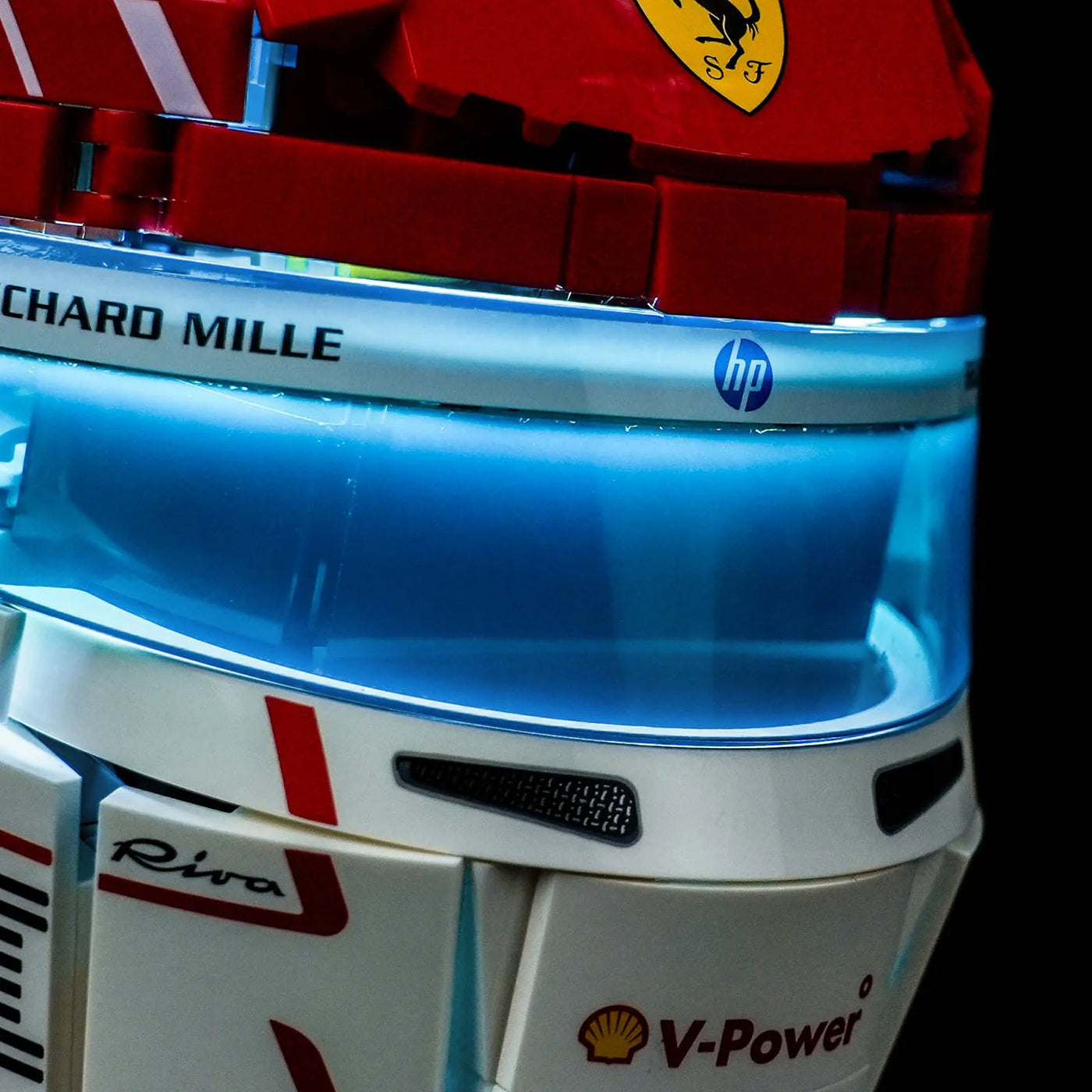 LEGO® Editions Scuderia Ferrari Charles Leclerc Helmet #43014 night-mode display glow, with the LED light kit