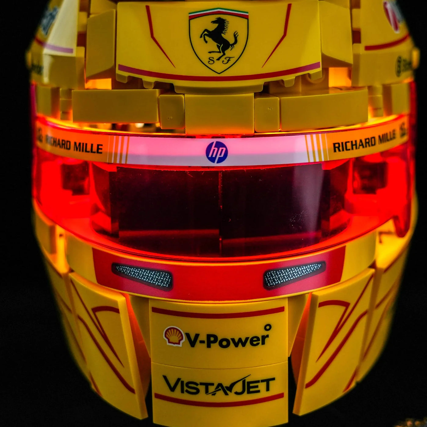 custom LED lighting for LEGO® Editions Scuderia Ferrari Lewis Hamilton Helmet #43022, installed and glowing