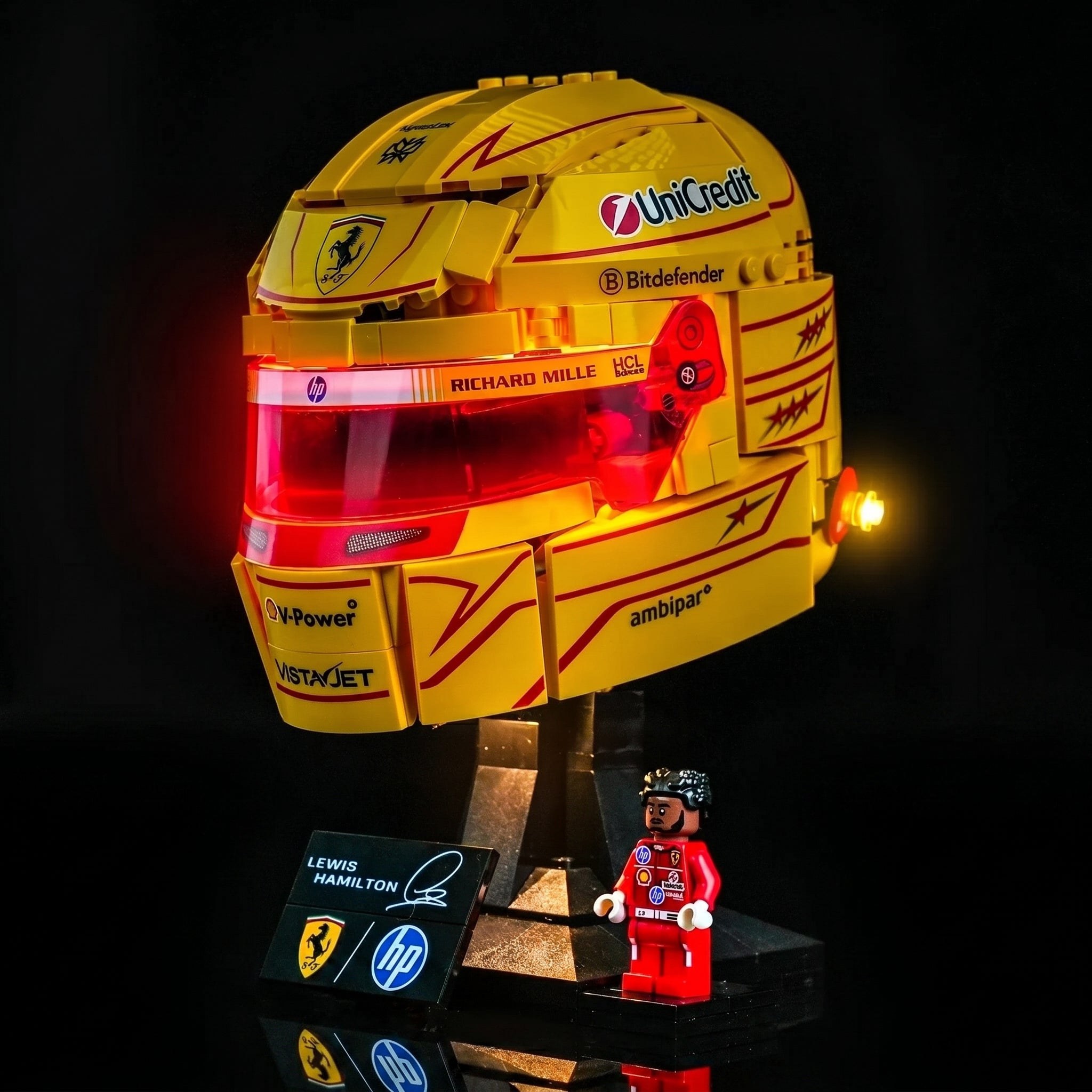 LEGO® Editions Scuderia Ferrari Lewis Hamilton Helmet #43022 front view fully lit, with the LED lights