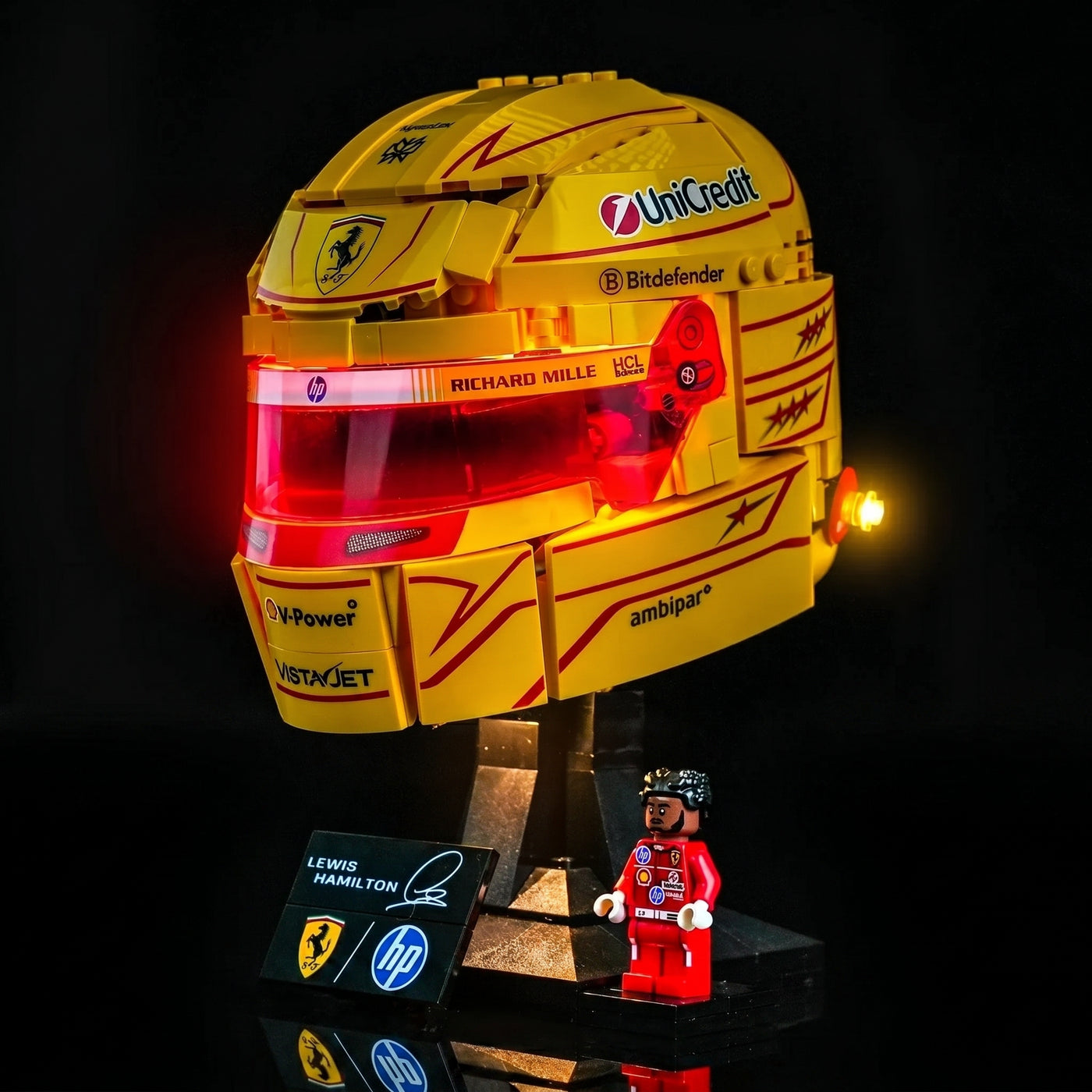 LEGO® Editions Scuderia Ferrari Lewis Hamilton Helmet #43022 front view fully lit, with the LED lights