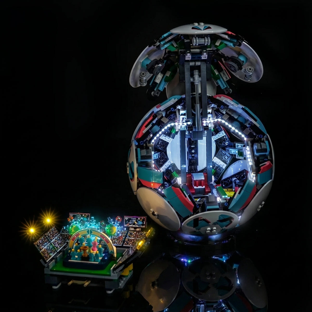 Bright My Bricks custom LED lighting for LEGO® Editions Soccer Ball #43019 — side angle with lights on
