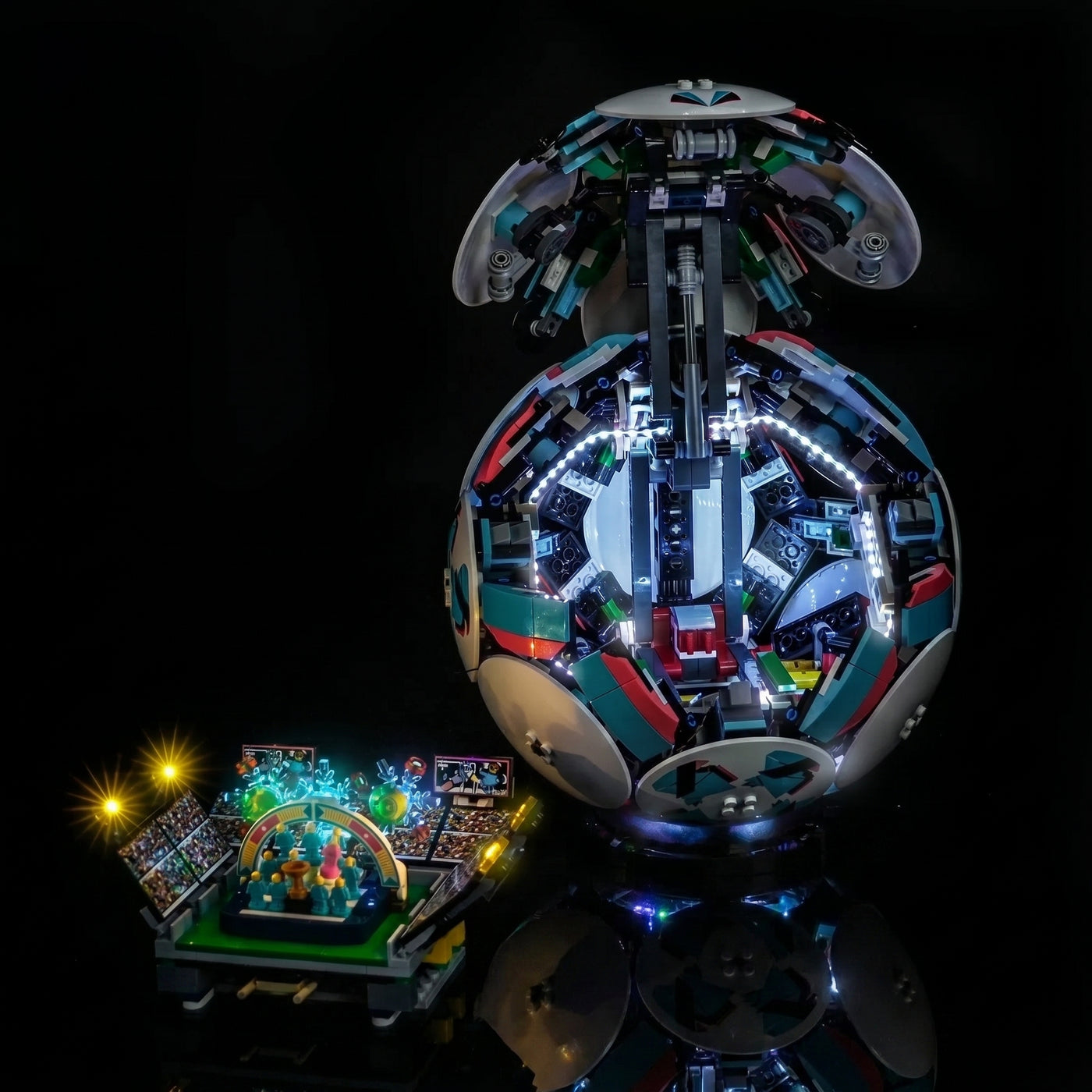 Bright My Bricks custom LED lighting for LEGO® Editions Soccer Ball #43019 — side angle with lights on