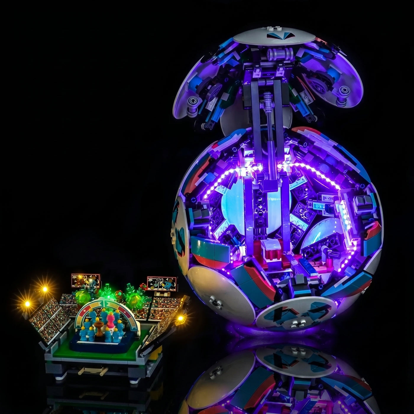 LEGO® Editions Soccer Ball #43019 illuminated at night, with the LED lights