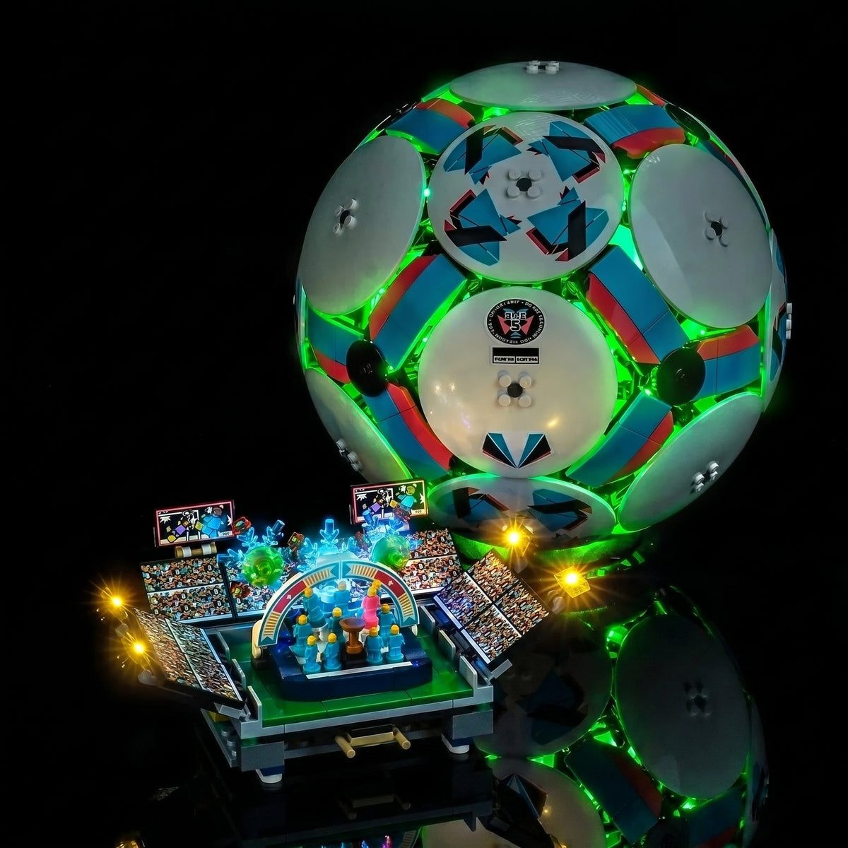 LEGO® Editions Soccer Ball #43019 side angle with lights on, with the LED lights