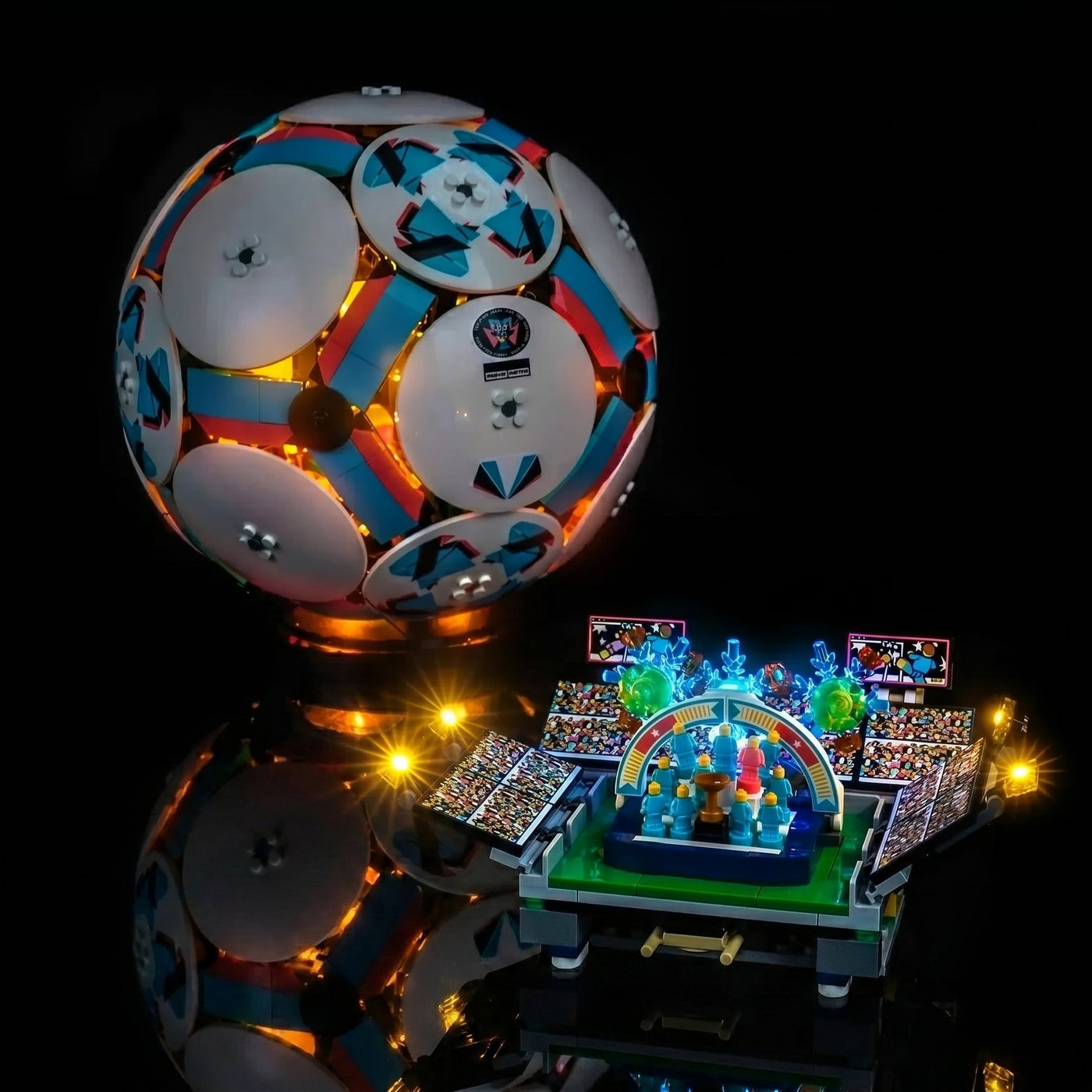 LEGO® Editions Soccer Ball #43019 — front view fully lit (USB-powered LED light kit)