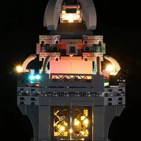 LEGO® Eiffel Tower #10307 illuminated at night, with the DIY LED light kit