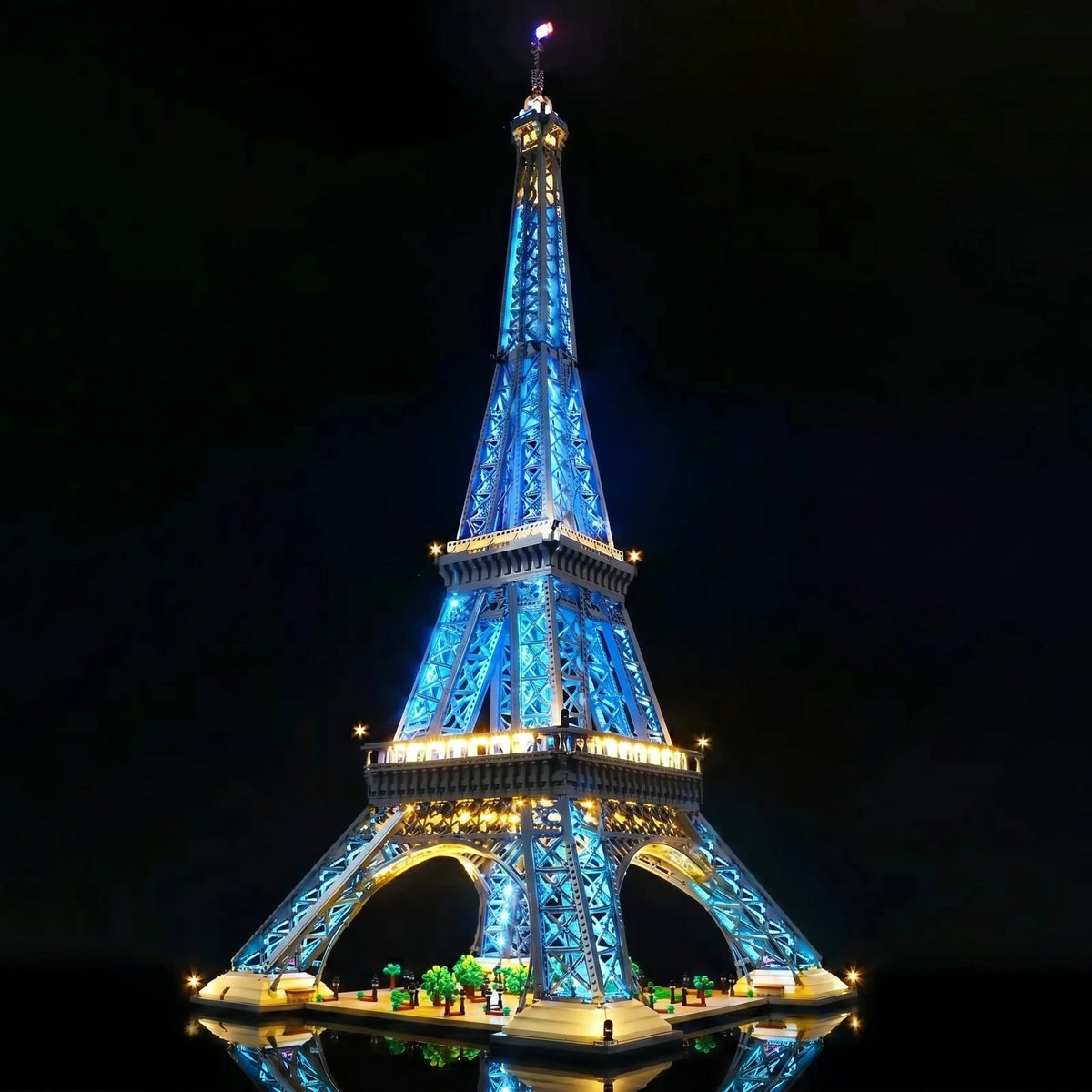 DIY LED light kit for LEGO® Eiffel Tower #10307, front view fully lit