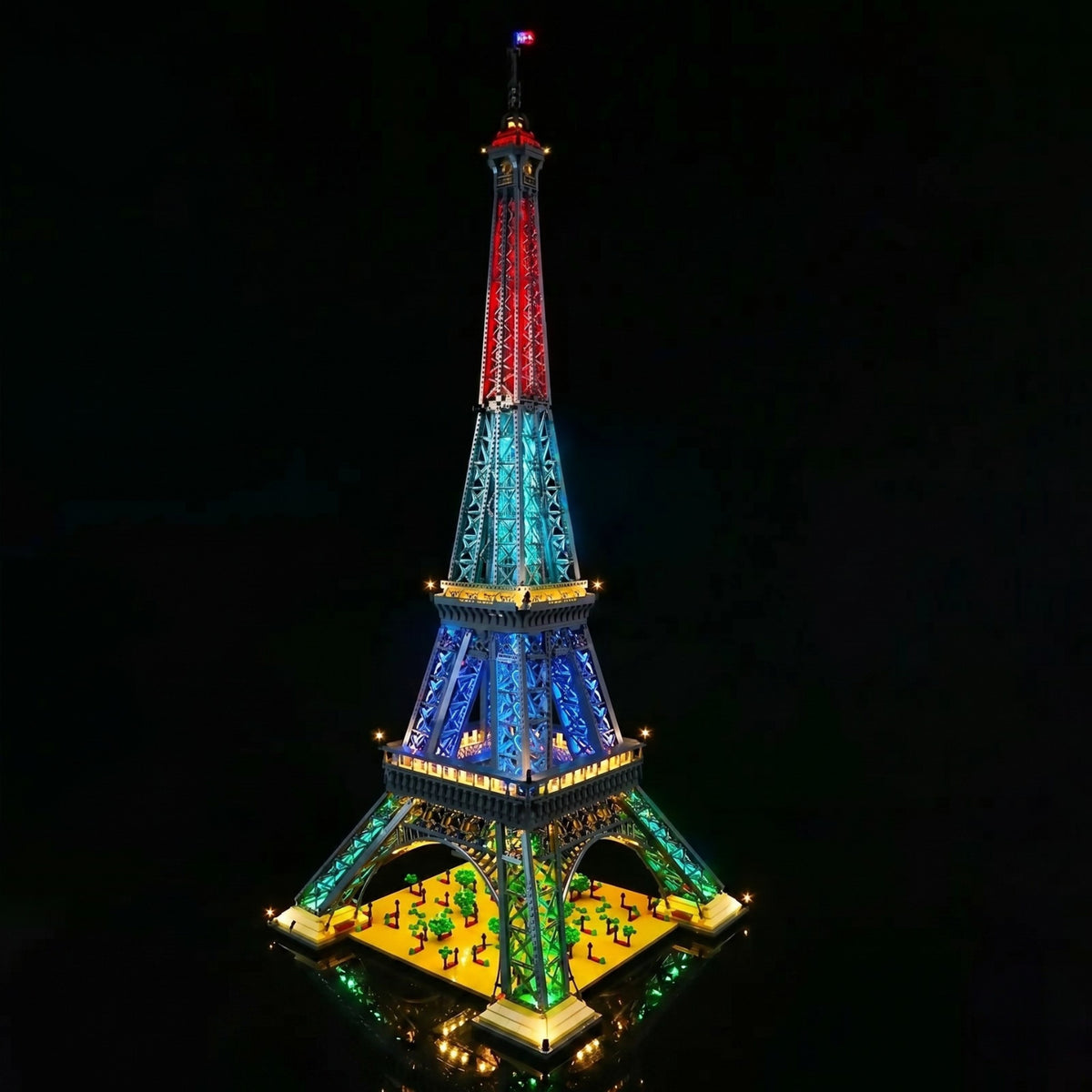 front view fully lit: Bright My Bricks USB-powered LED light kit for LEGO® Eiffel Tower #10307