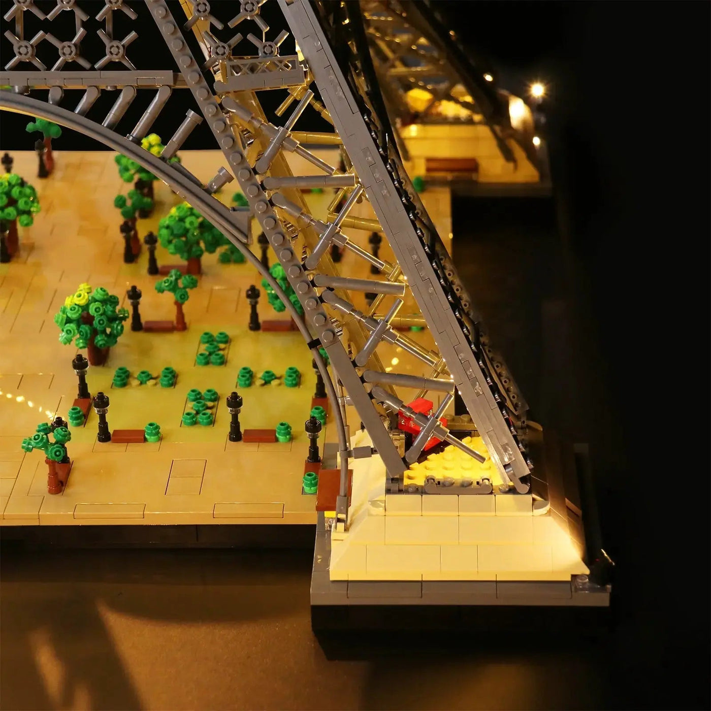 custom LED lighting for LEGO® Eiffel Tower Standard Version #10307, fully illuminated on display