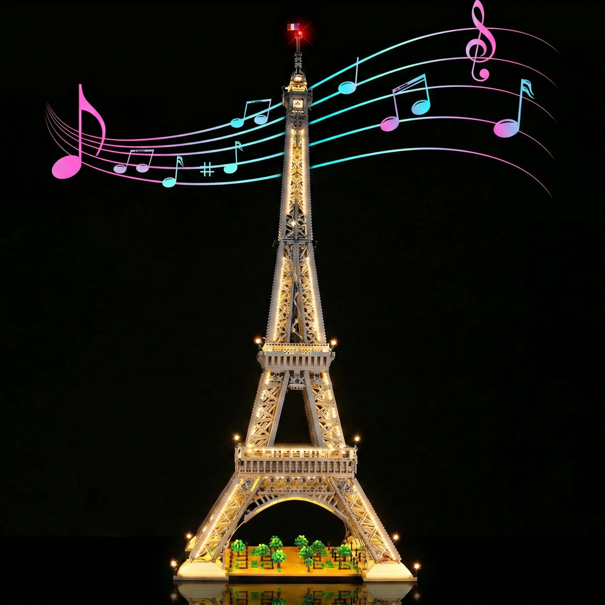 LEGO® Eiffel Tower Standard Version #10307 showcase lighting view, with the LED light kit