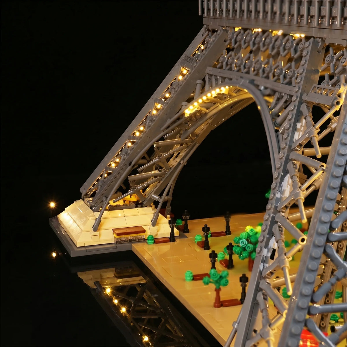 LEGO® Eiffel Tower Standard Version #10307 brightened interior detail, with the DIY LED light kit
