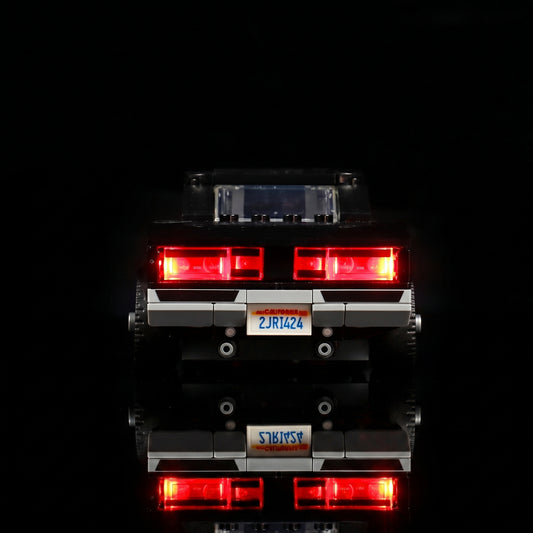 installed and glowing: Bright My Bricks USB-powered LED light kit for LEGO® Fast & Furious 1970 Dodge Charger R/T #76912