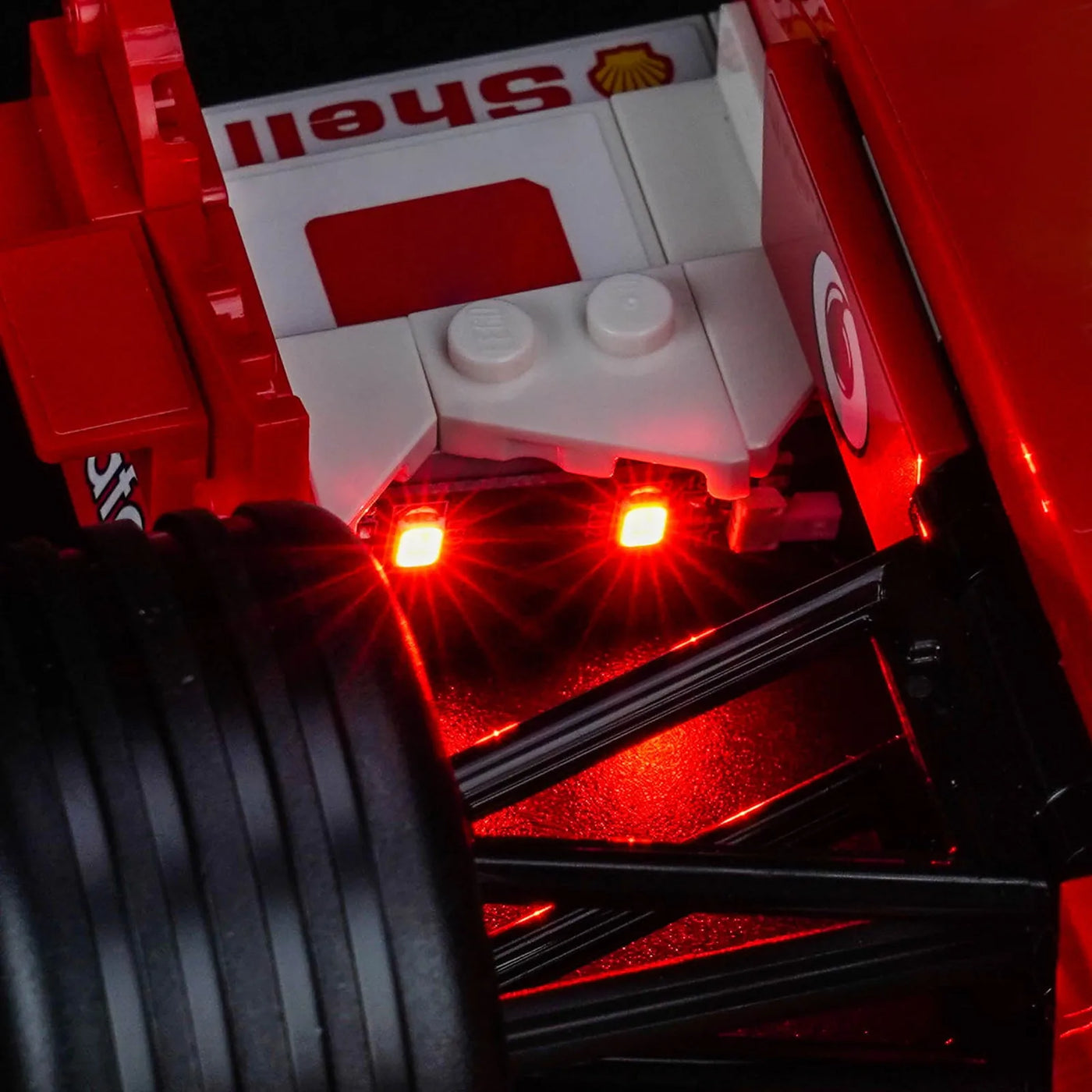 Bright My Bricks custom LED lighting for LEGO® Ferrari F2004 & Michael Schumacher #11375 — installed and glowing