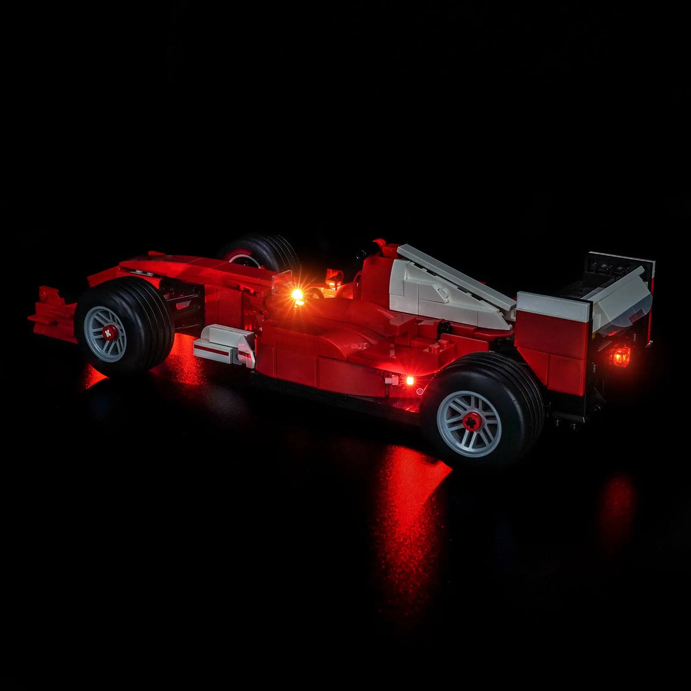 side angle with lights on: Bright My Bricks light kit for LEGO® Ferrari F2004 & Michael Schumacher #11375