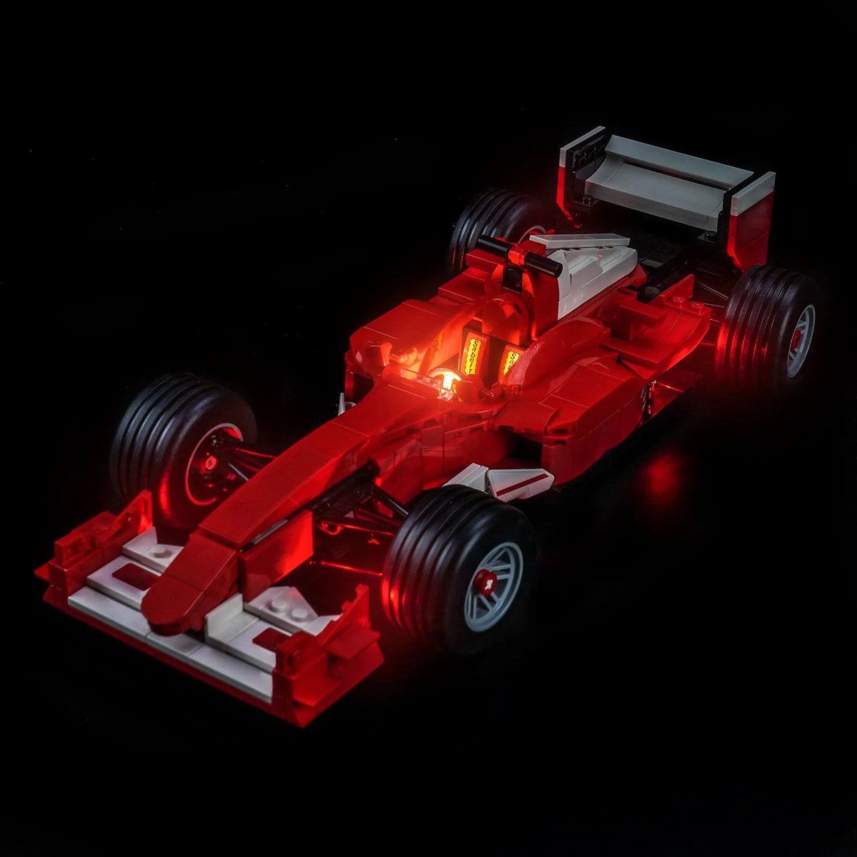 LEGO® Ferrari F2004 & Michael Schumacher #11375 warm LED glow detail, with the custom LED lighting