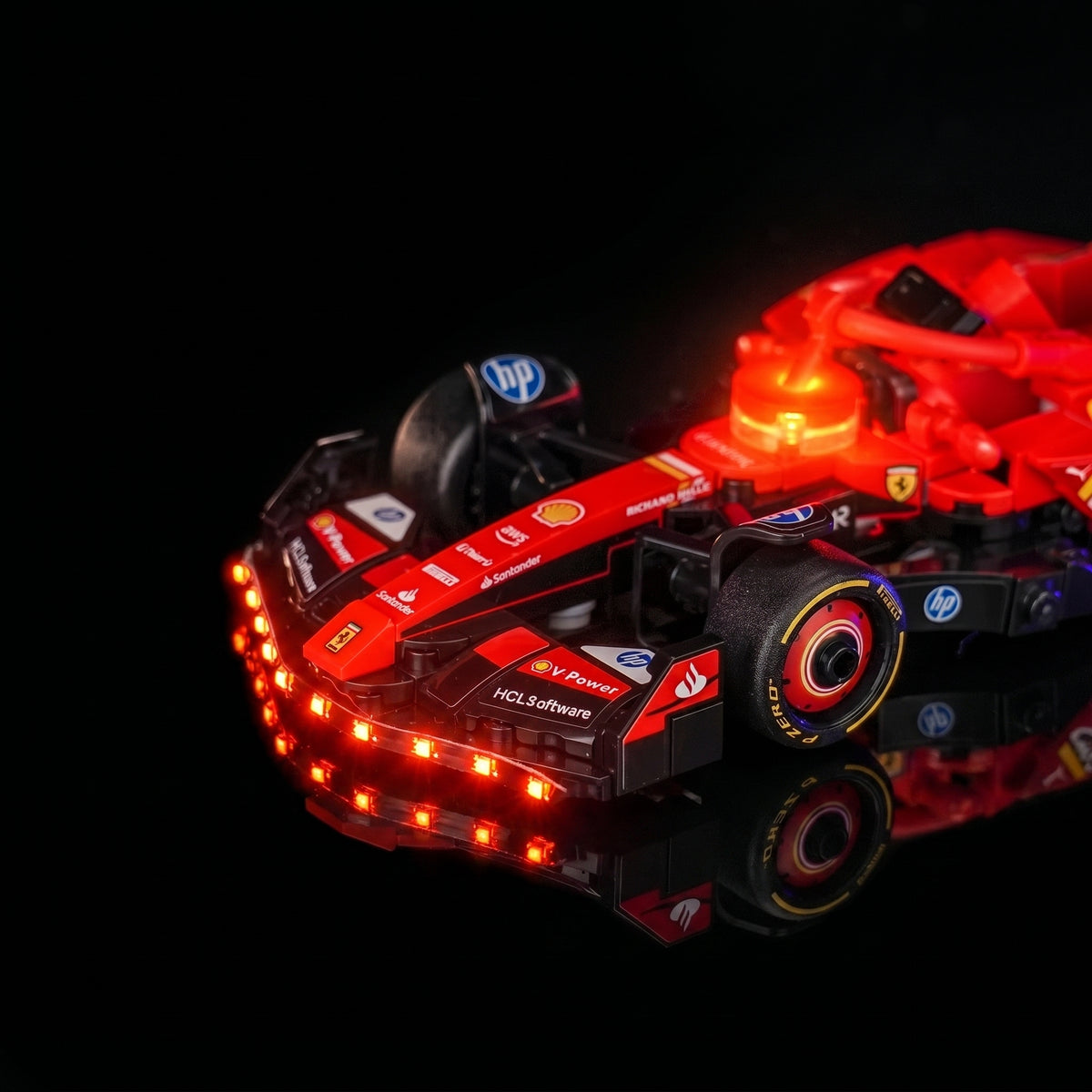 LEGO® Ferrari SF-24 F1 Race Car #77242 — display lighting in a dark room (RGB LED light kit)