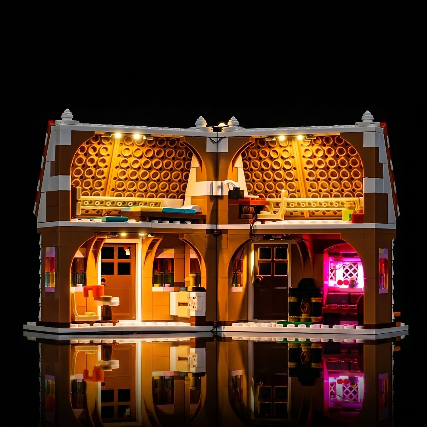 fully illuminated on display: Bright My Bricks premium LED light kit for LEGO® Festive Gingerbread House #40809