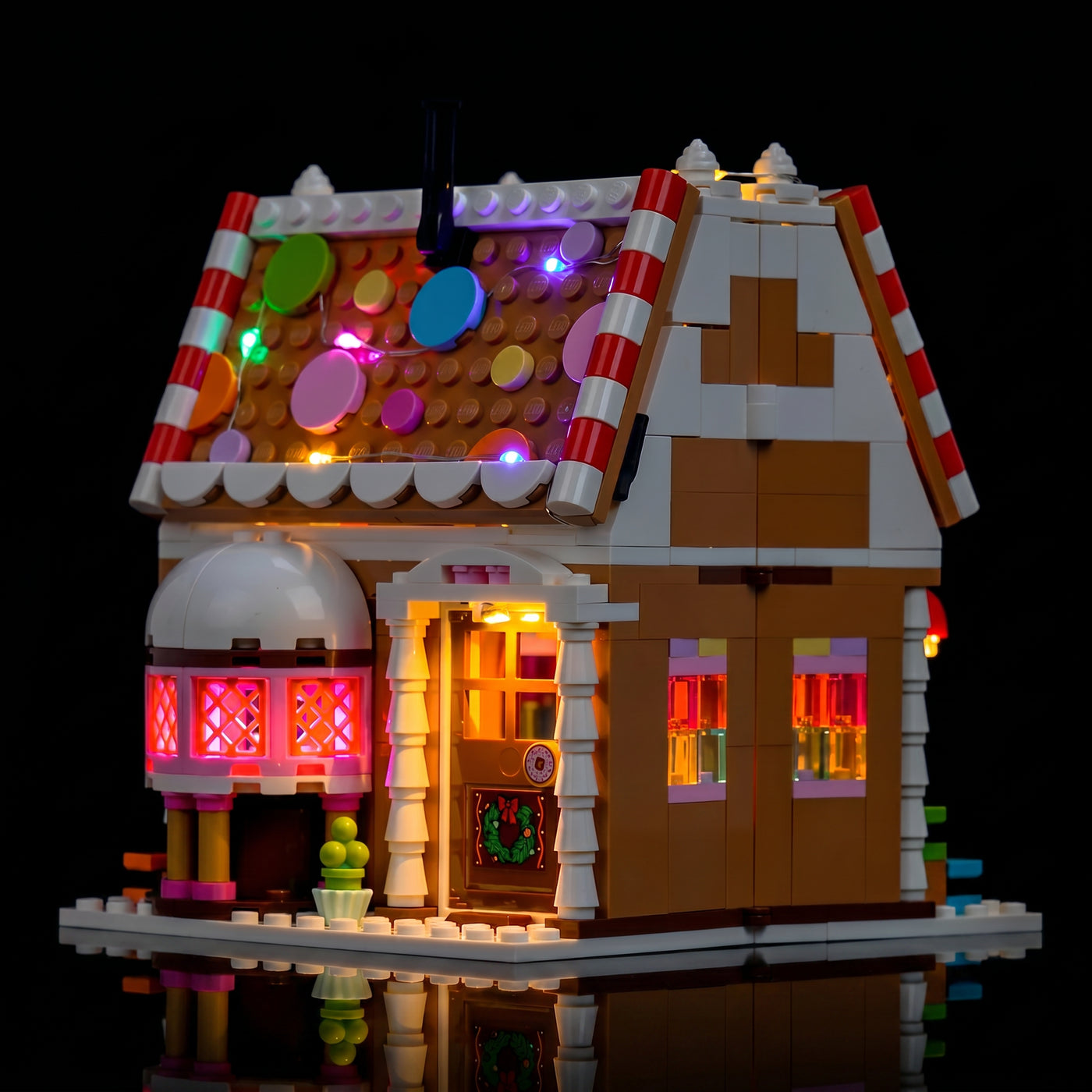 LEGO® Festive Gingerbread House #40809 — LED kit powered on (RGB LED light kit)