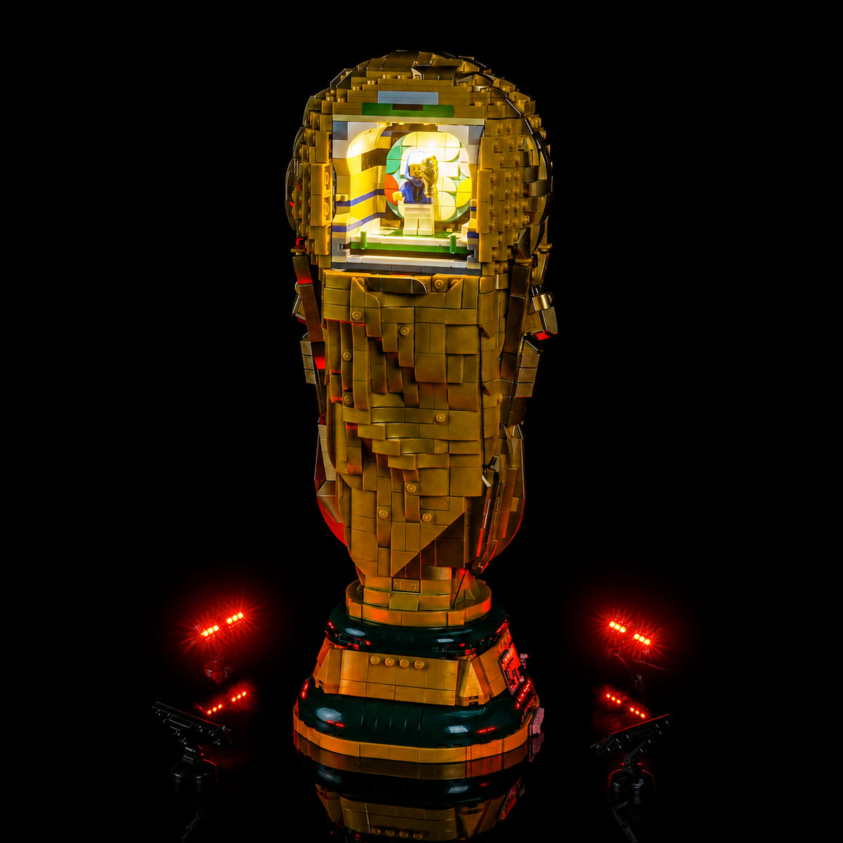 LEGO® FIFA World Cup Official Trophy #43020 warm LED glow detail, with the premium LED light kit