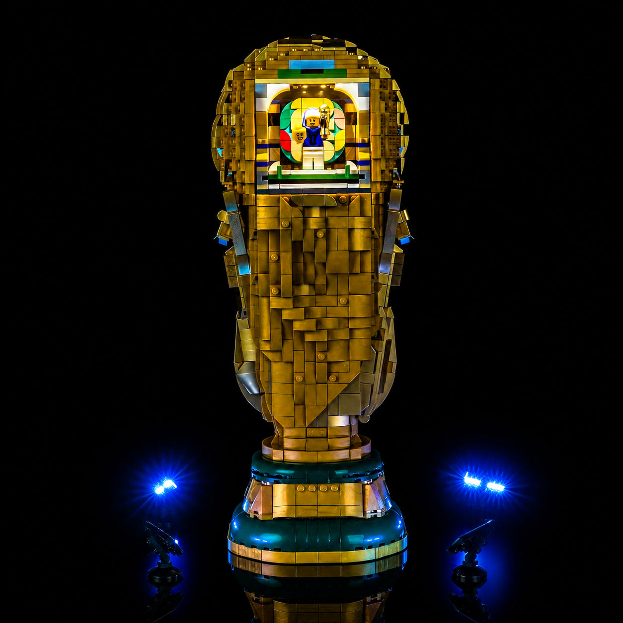 LEGO® FIFA World Cup Official Trophy #43020 LED kit powered on, with the premium LED light kit