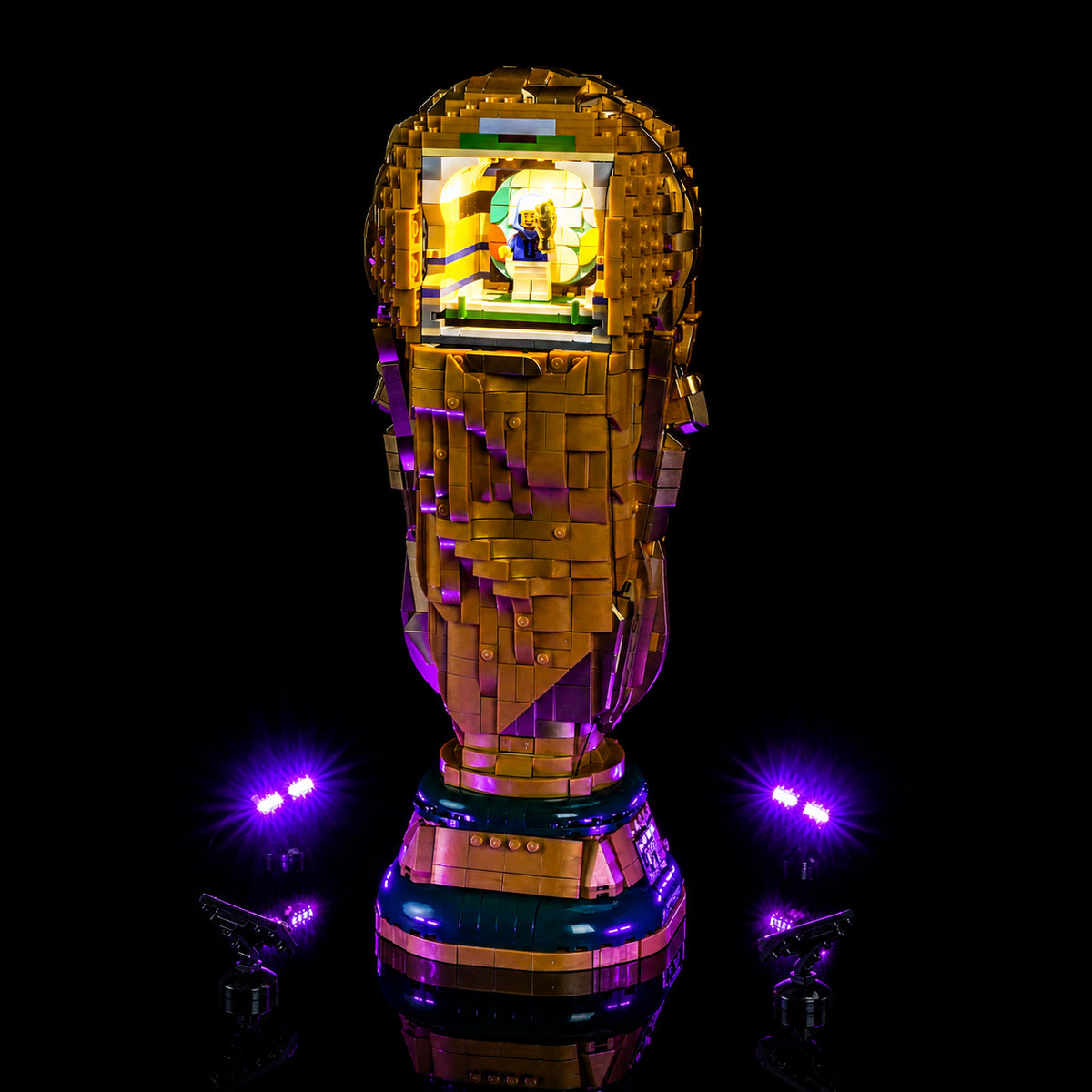 LEGO® FIFA World Cup Official Trophy #43020 before-and-after lighting, with the DIY LED light kit