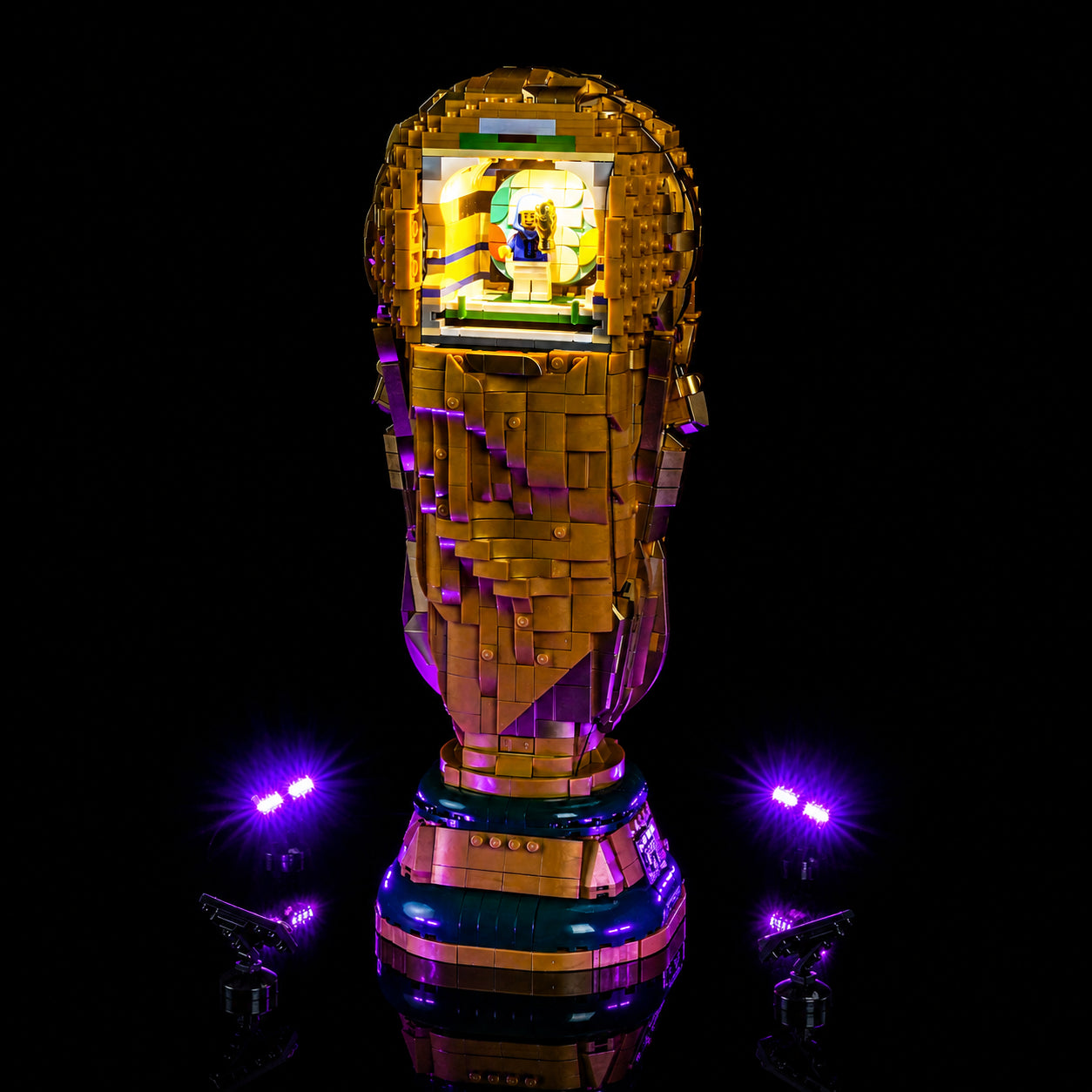 LEGO® FIFA World Cup Official Trophy #43020 before-and-after lighting, with the DIY LED light kit