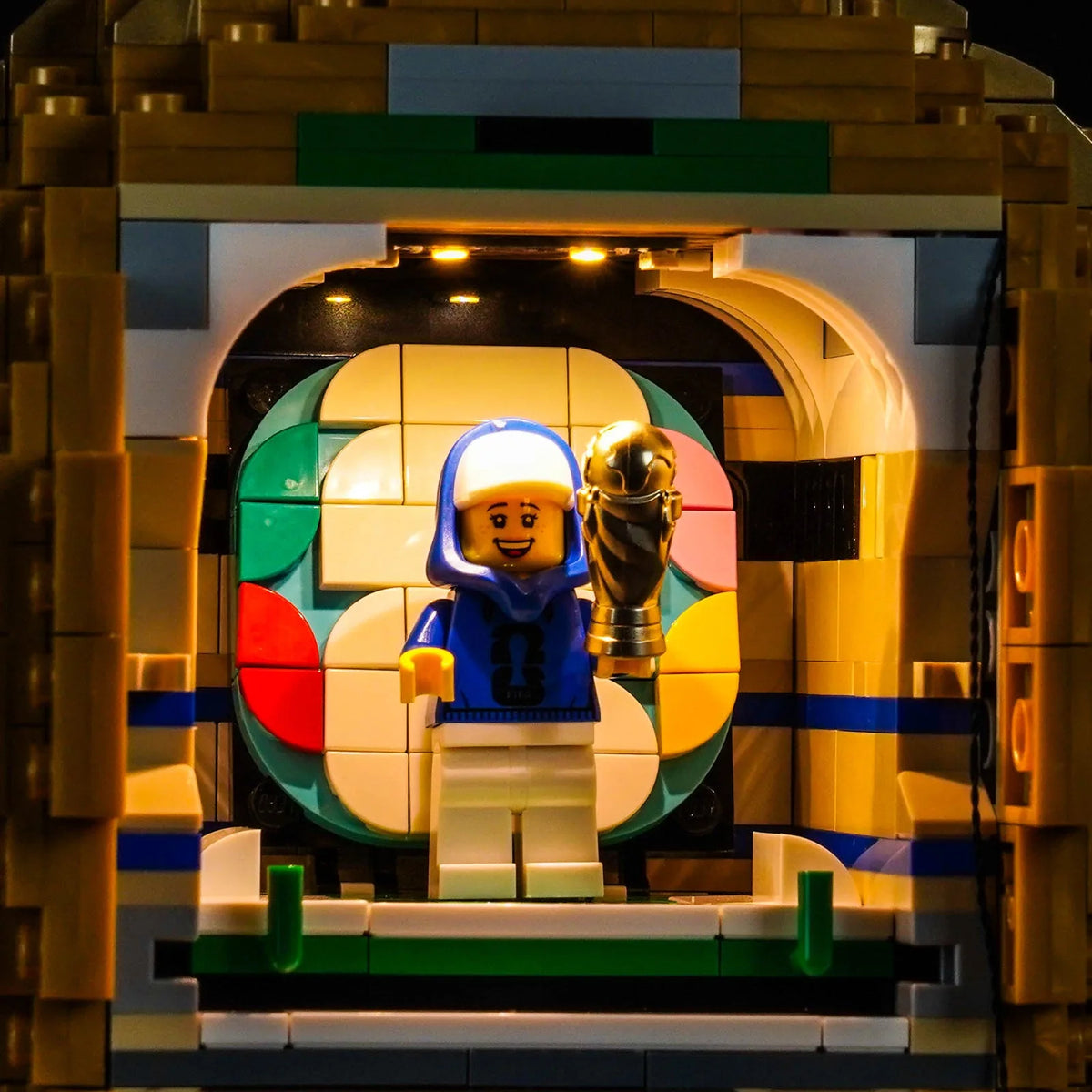 LEGO® FIFA World Cup Official Trophy #43020 — installed and glowing (RGB LED light kit)